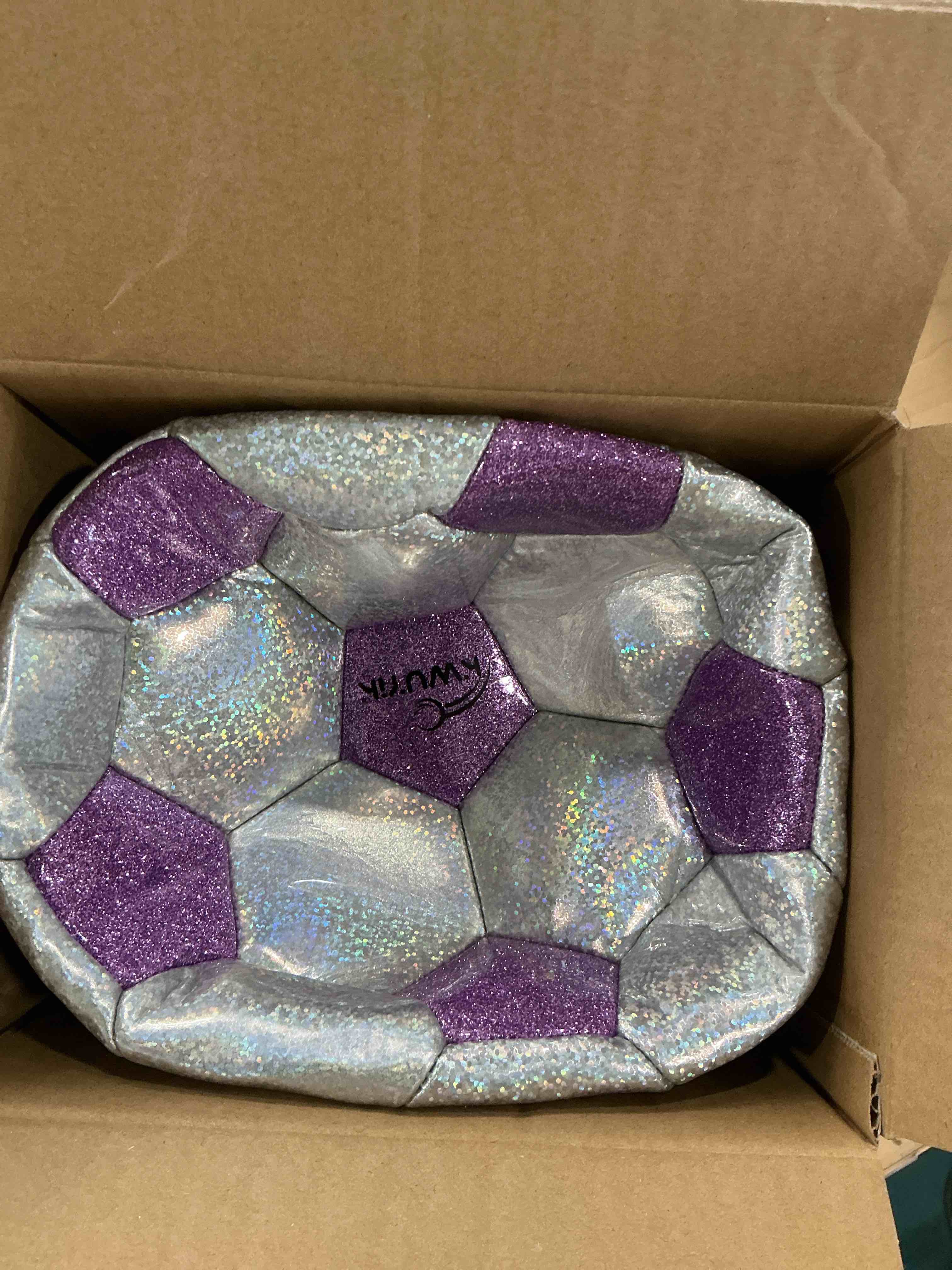 Condition photo showing New/Like New for soccer ball size 3 4 5 glitter pink purple black silver with pump toddler soccer ball for kids aged 3-6 6-8 8-12 outdoor training ball for girls boys children youth teens purple & silver spliced 3