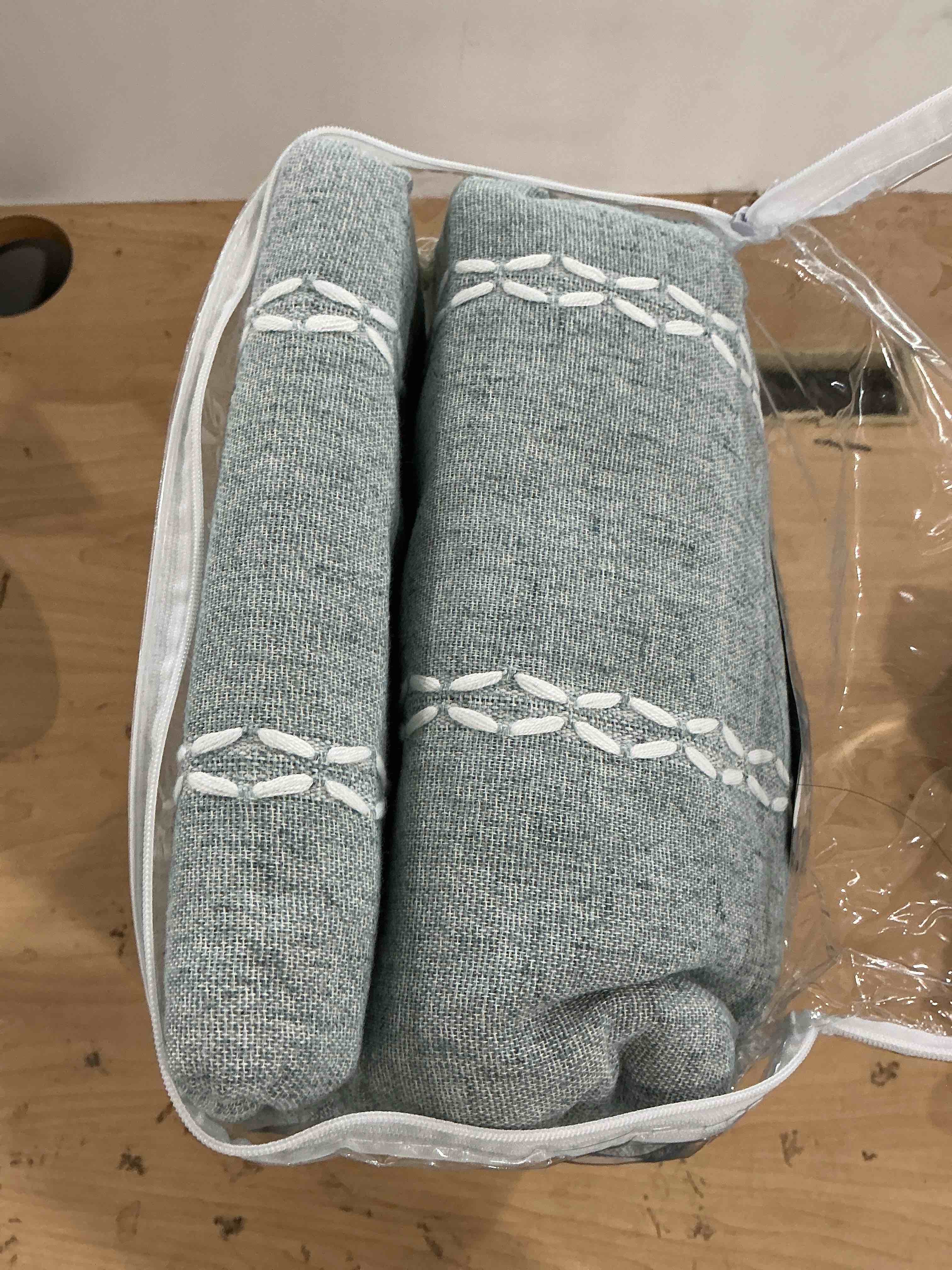 Condition photo showing New/Like New for teal boho blackout curtains 2 panels 84 inch for living room bedroom, light green linen texture farmhouse curtains with tassels and white cotton embroidery vintage rustic country western teal green 52"w x 84"l (pack of 2)