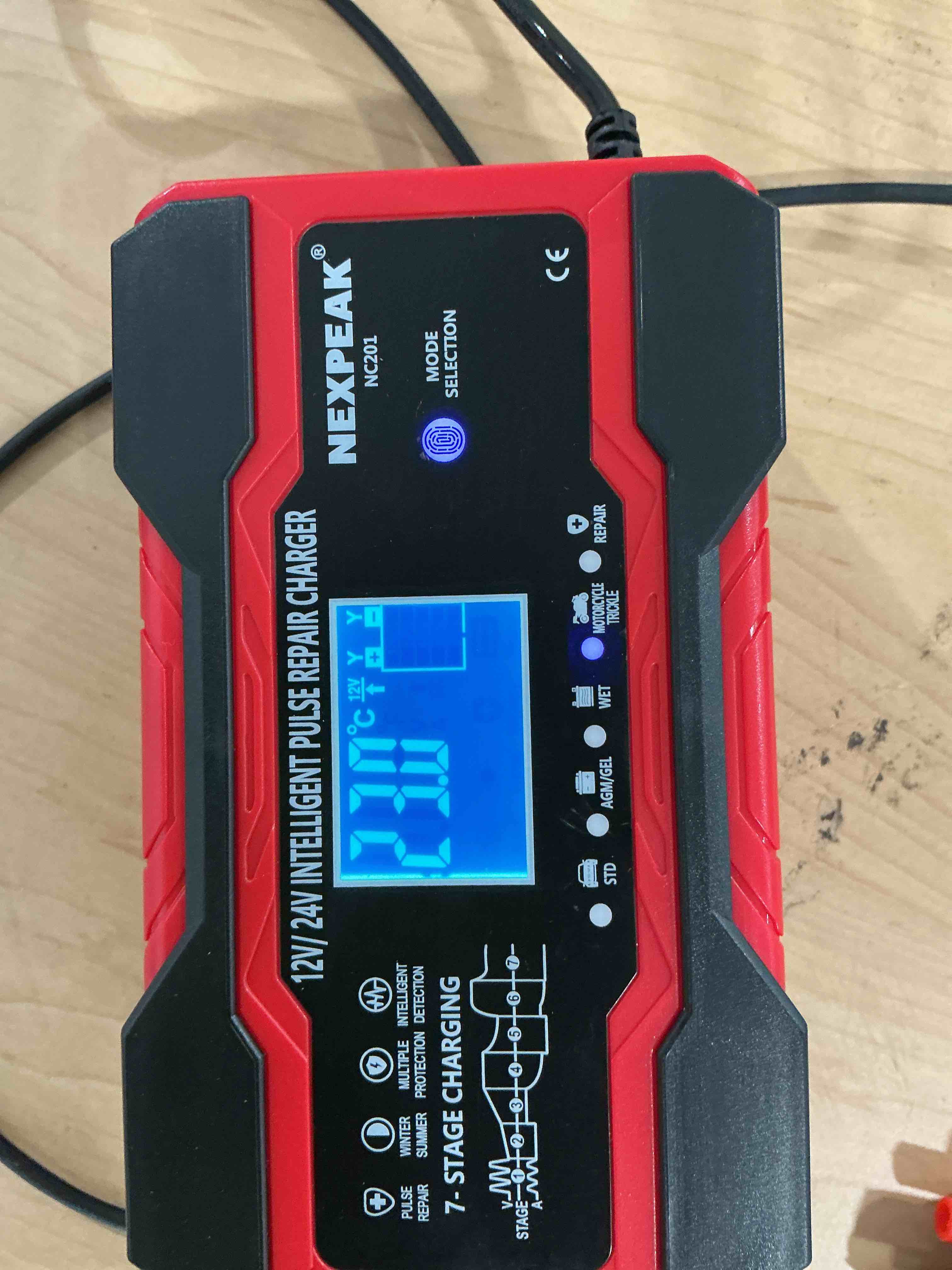 Condition photo showing New/Like New for nexpeak nc201 10-amp battery charger, smart trickle charger 12v 24v car battery charger fully automatic maintainer desulfator w/temp compensation for car truck lawn mower boat marine batteries