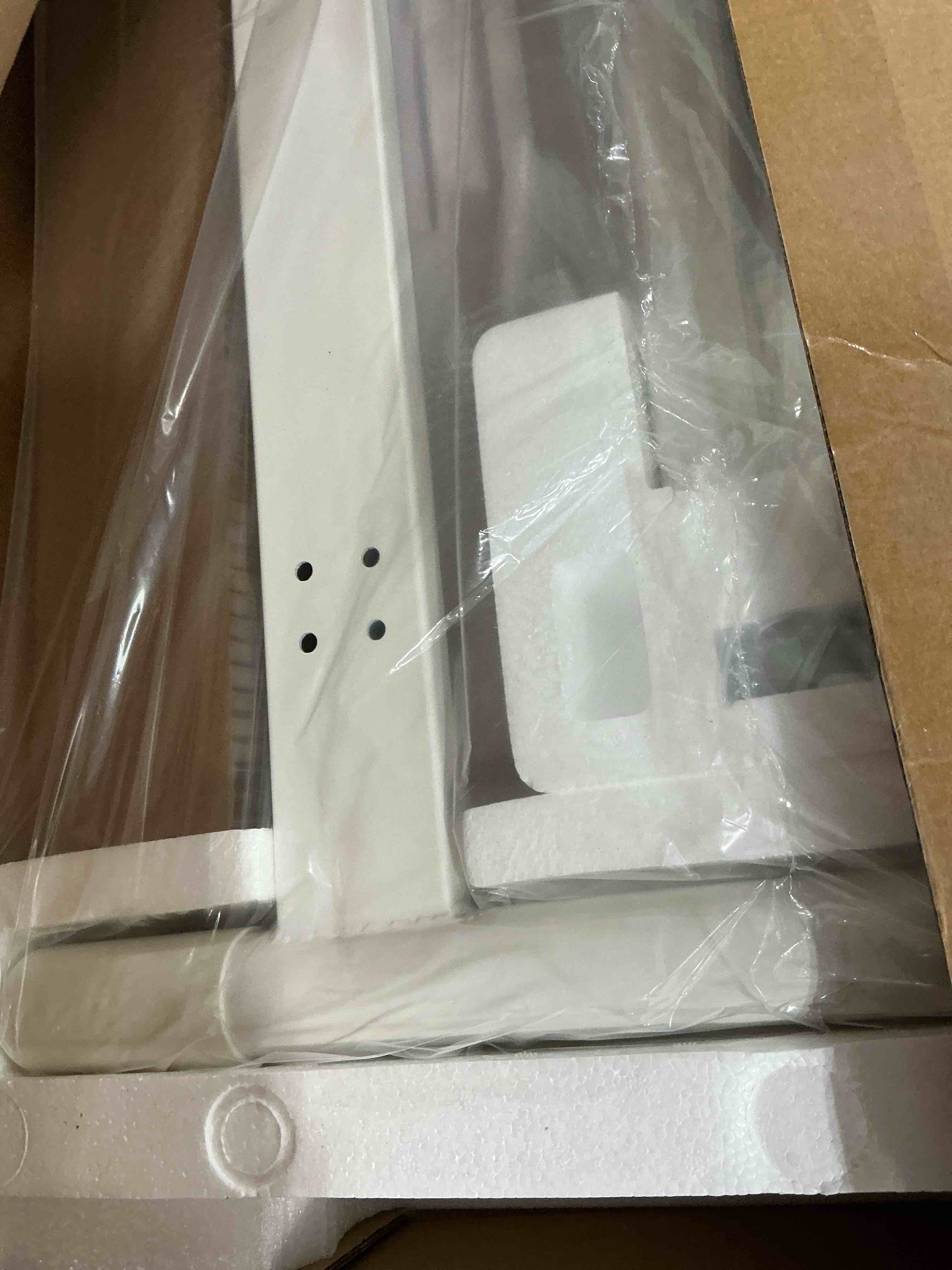 Condition photo showing New/Like New for dumos small standing desk mobile portable rolling laptop pc table on wheels adjustable height computer workstation for home office, 19 inch, modern white