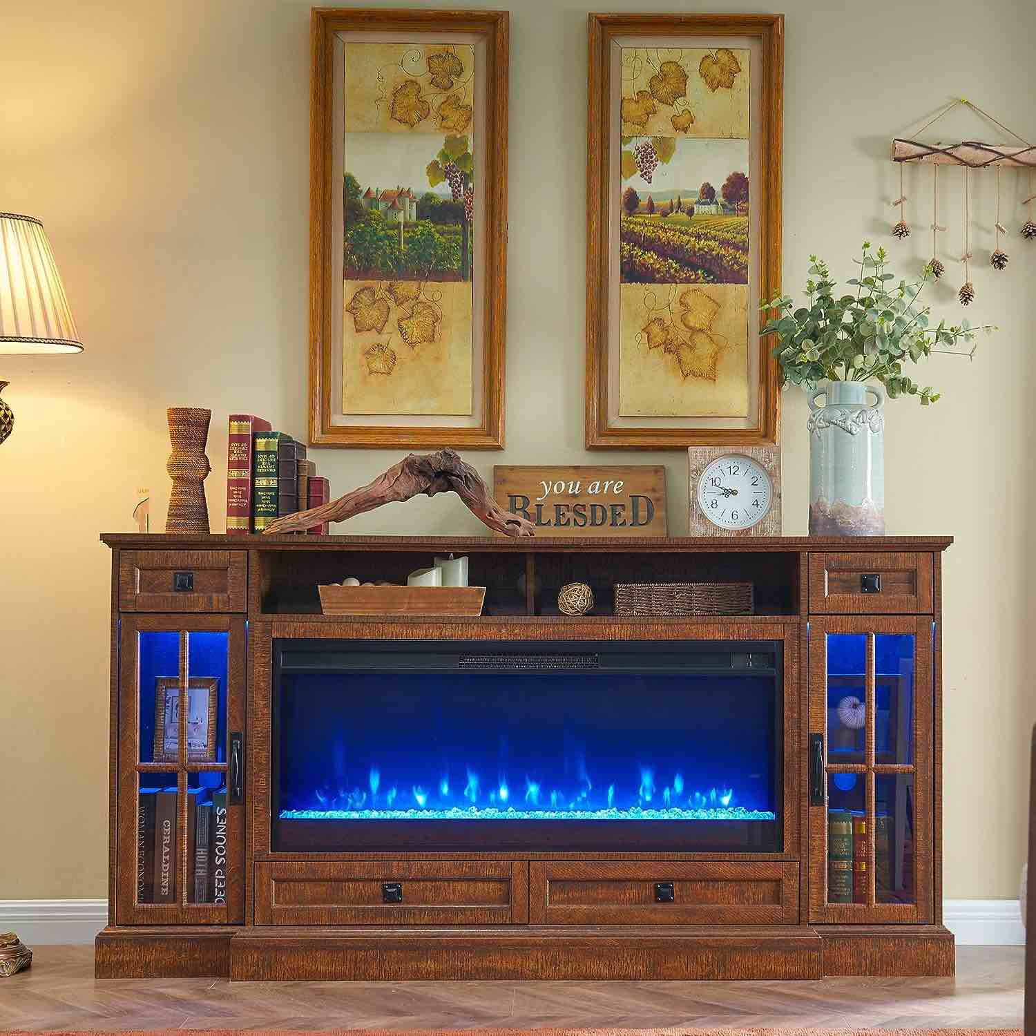 Condition photo showing Brand New for okd fireplace tv stand for 80 inch tv, farmhouse entertainment center with 42" fireplace & led lights, modern media console table with storage drawers & cabinets for living room, reclaimed barnwood