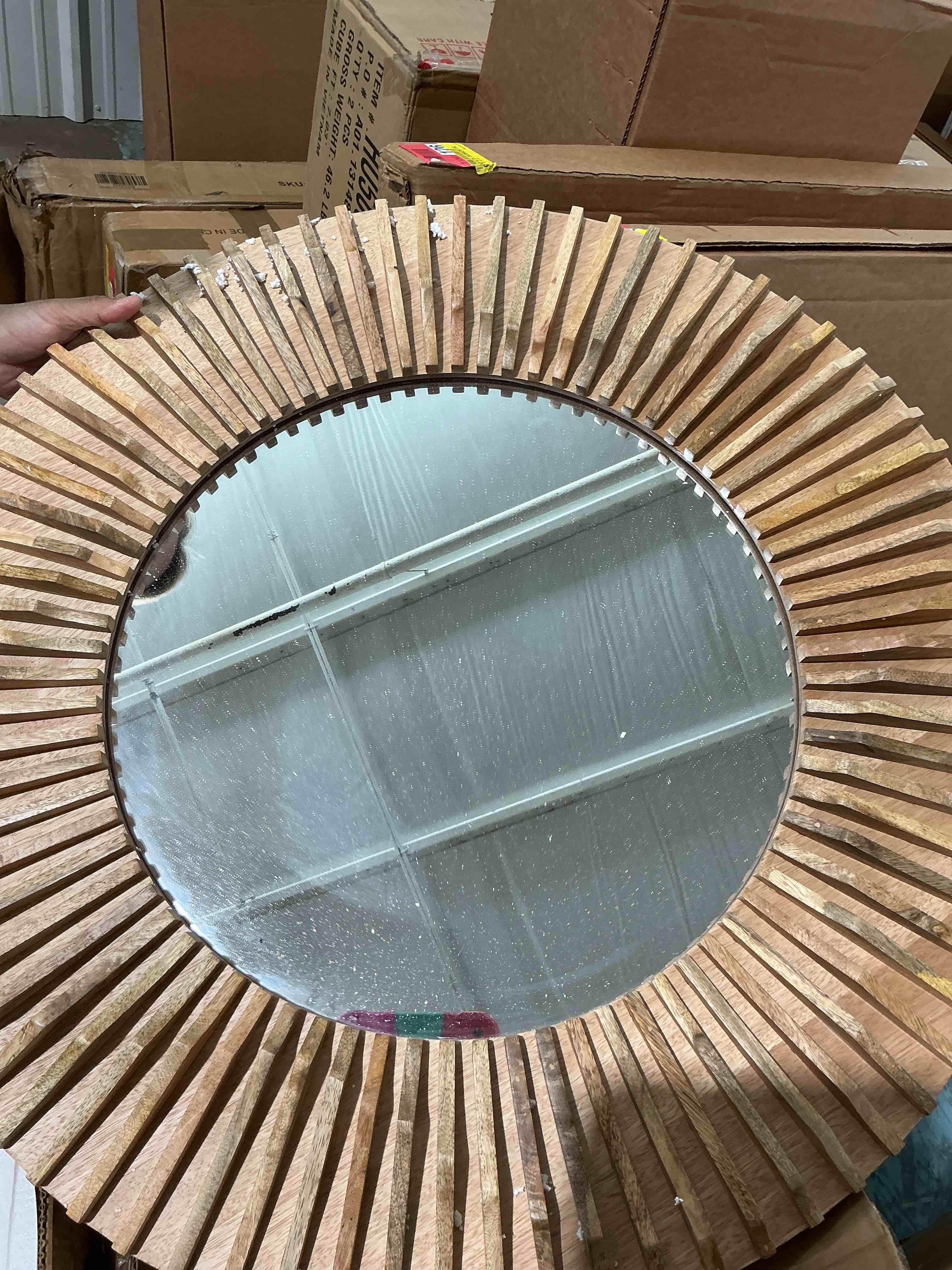 Condition photo showing New/Like New for signature design by ashley tedwell modern accent mirror with wood frame, light brown