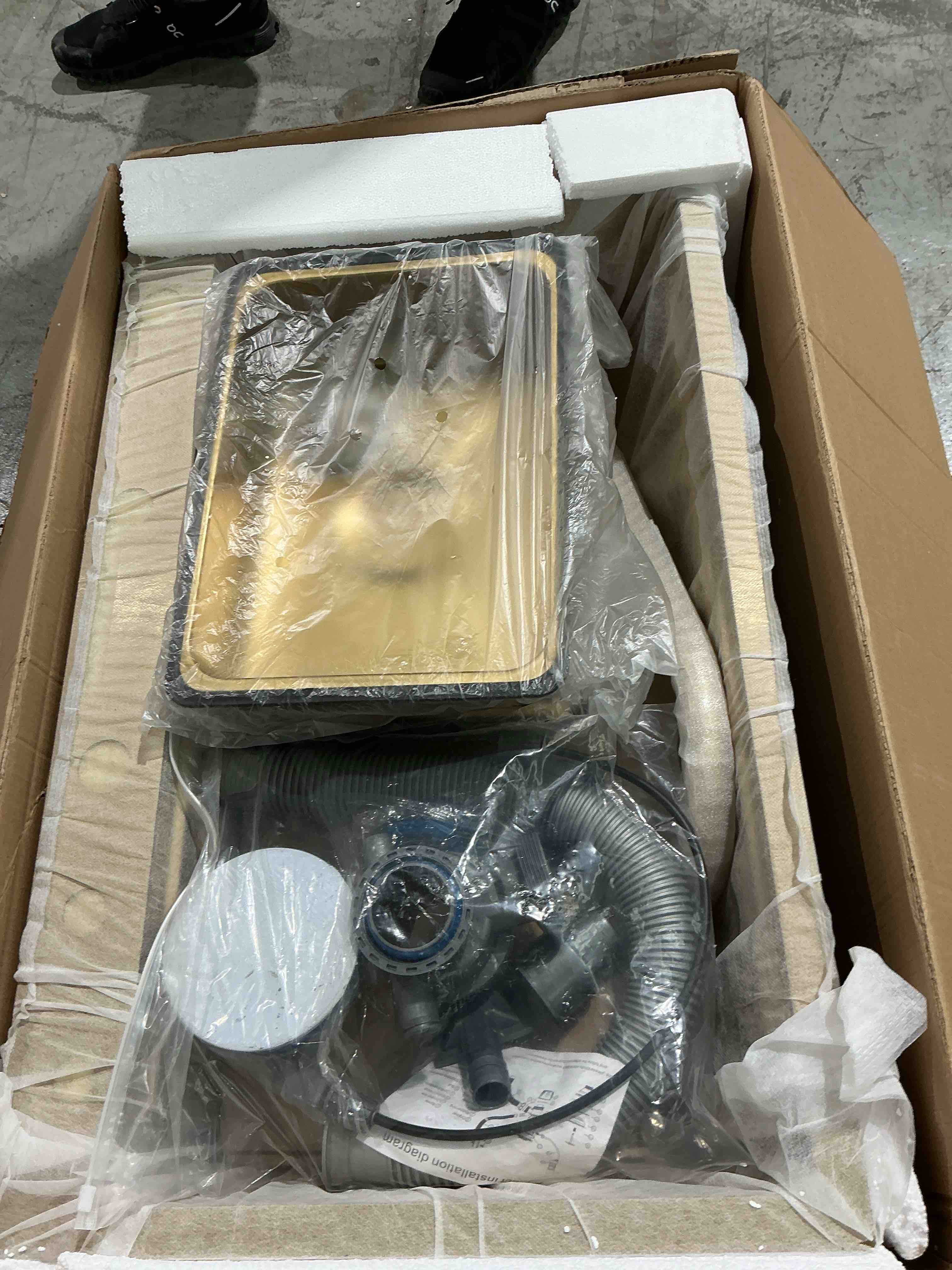 Condition photo showing Brand New for sinks undermount or countertop single bowl stainless steel kitchen sink with drain basket, cutting board, vegetable sink, multi-function pull-out faucet set (gold, 31.5x18x9 inch)