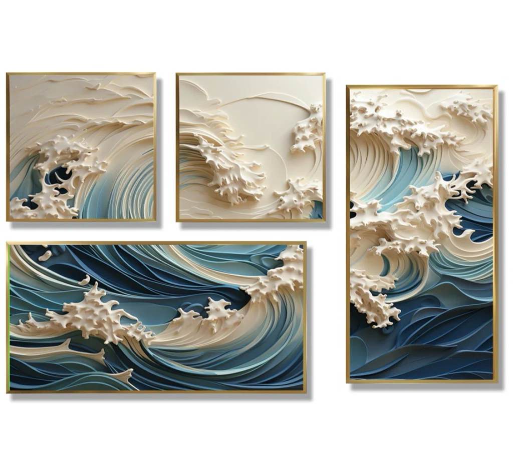 Condition photo showing Brand New for white and blue  canvas wall four piece set
