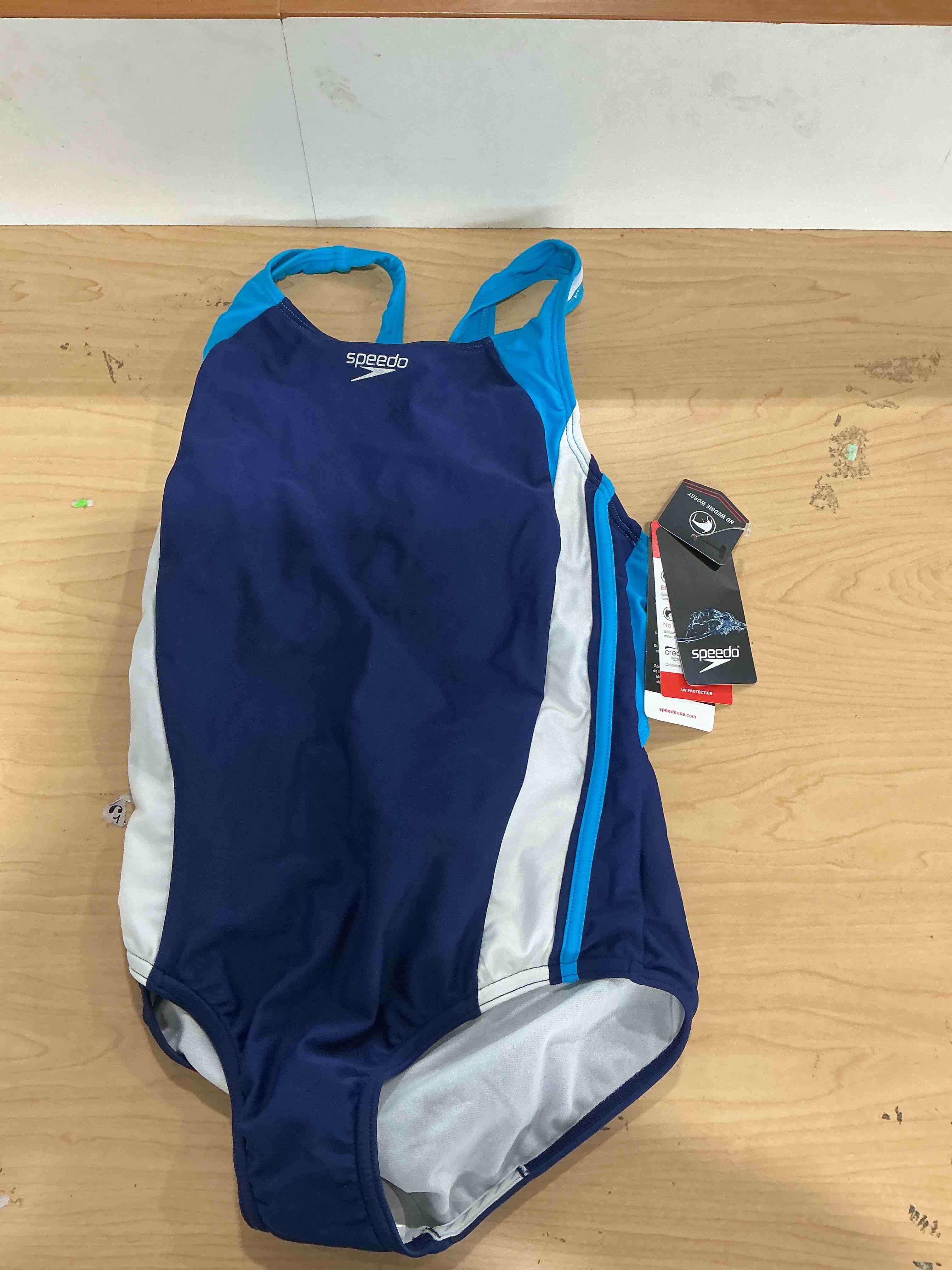 Condition photo showing New/Like New for speedo girl's swimsuit one piece infinity splice thick strap size 14