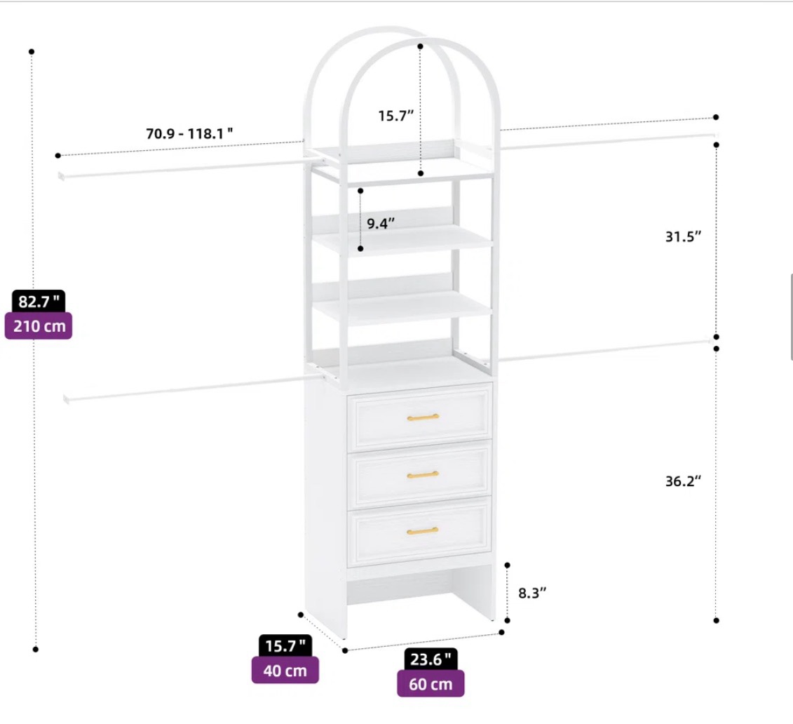 Condition photo showing New/Like New for closet organization system with drawers with gold accents