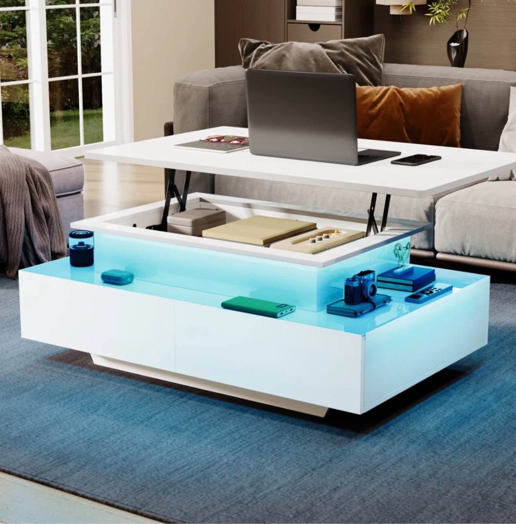 led modern coffee table with two teirs two drawers storage in usb port