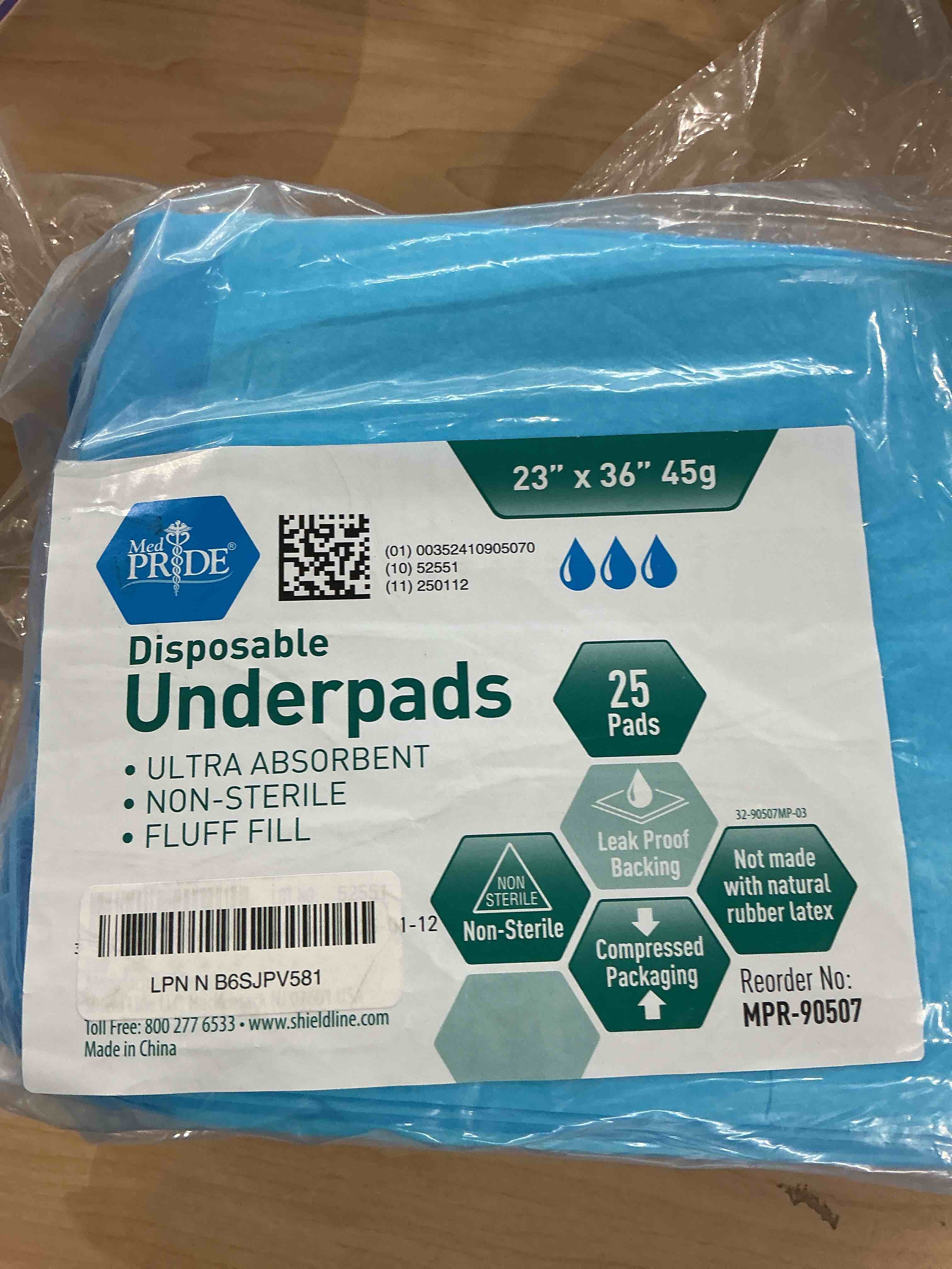 Condition photo showing New/Like New for med pride disposable underpads 23'' x 36'' (25-count) incontinence pads, chux, bed covers, puppy training | thick, super absorbent protection for kids, adults, elderly | liquid, urine, accidents