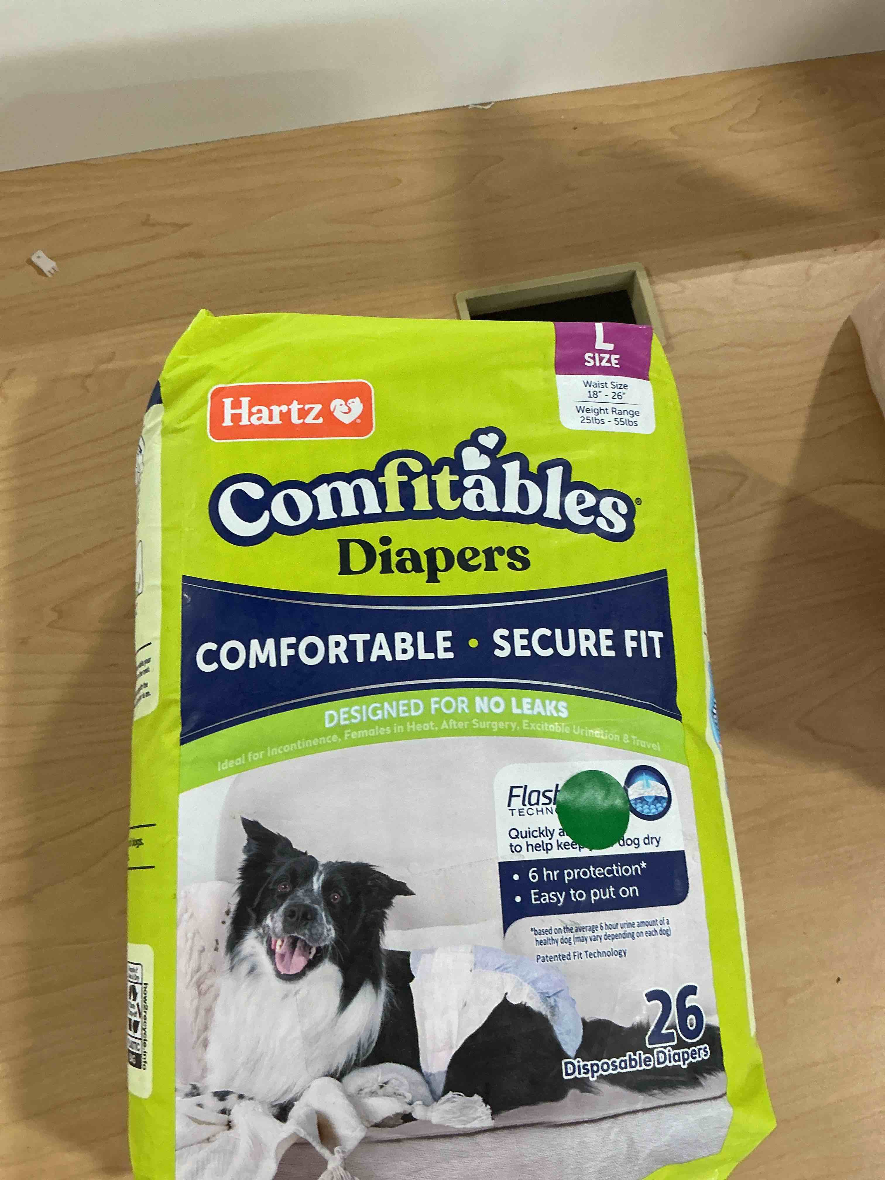 Condition photo showing New/Like New for hartz comfitables disposable dog diapers, size large 26 count, comfortable & secure fit, easy to put on, super absorbent male and female diaper