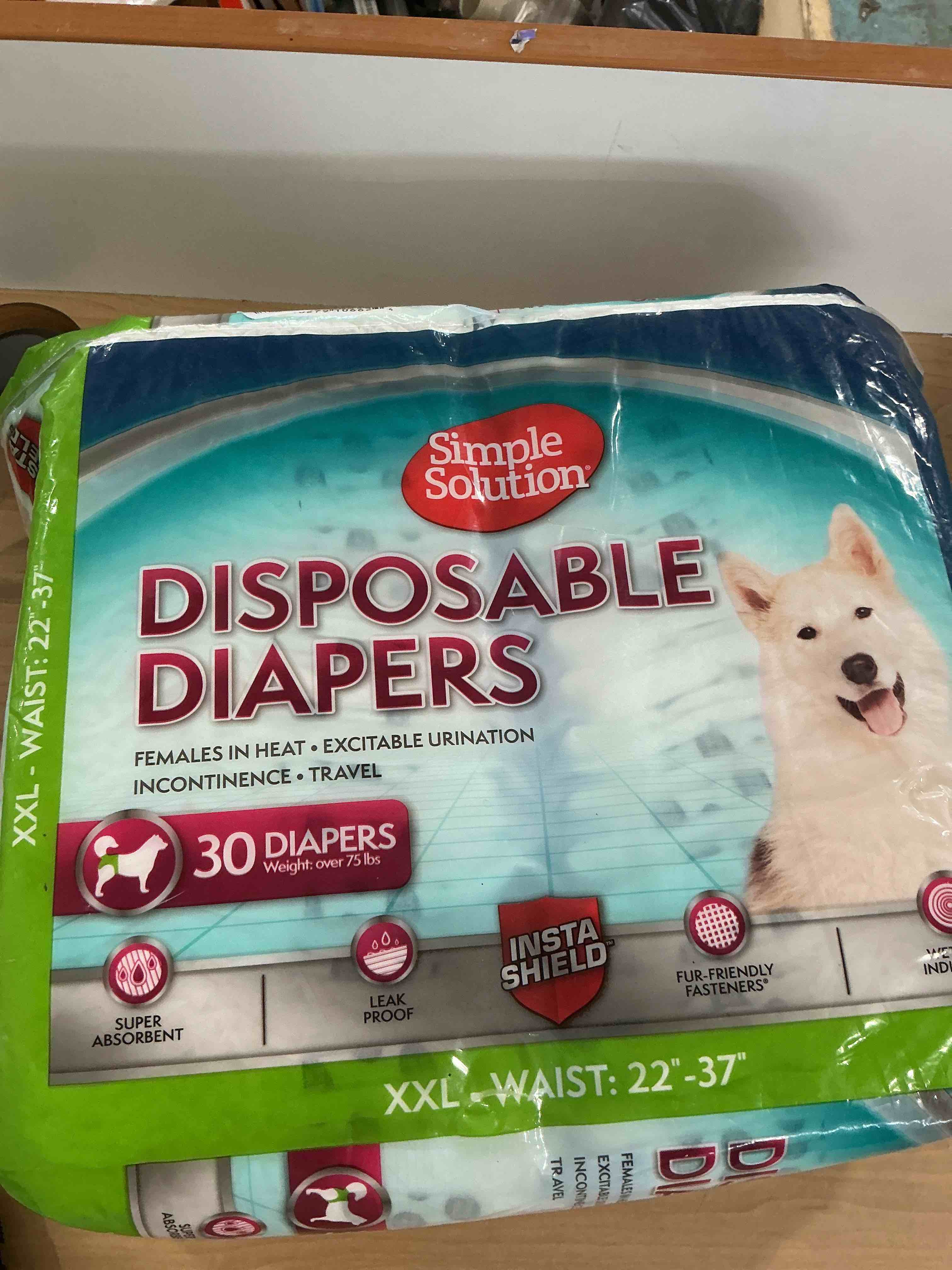 Condition photo showing New/Like New for simple solution dog diapers female, dog diapers, potty training, super absorbent, breathable, wetness indicator for urination, 22-37 inch waist, (xxl, 30ct) 30 count xxl