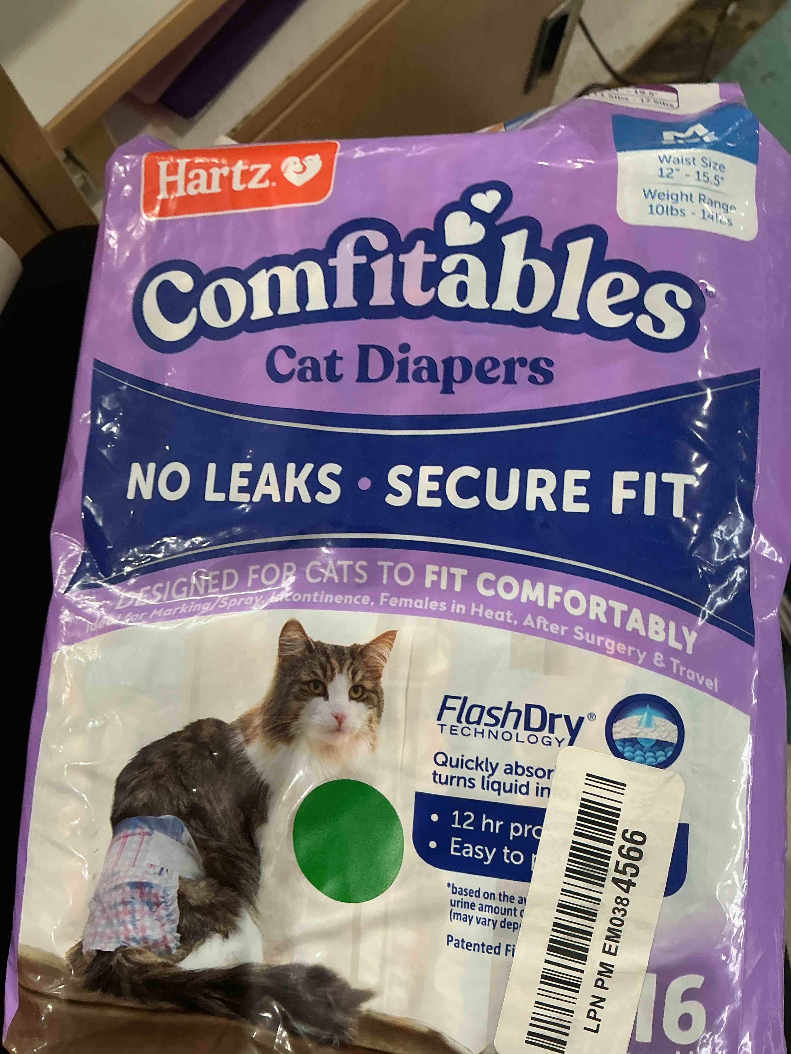 Condition photo showing New/Like New for hartz comfitables cat diapers,medium, 16 count, comfortable & secure fit, easy to put on medium 16