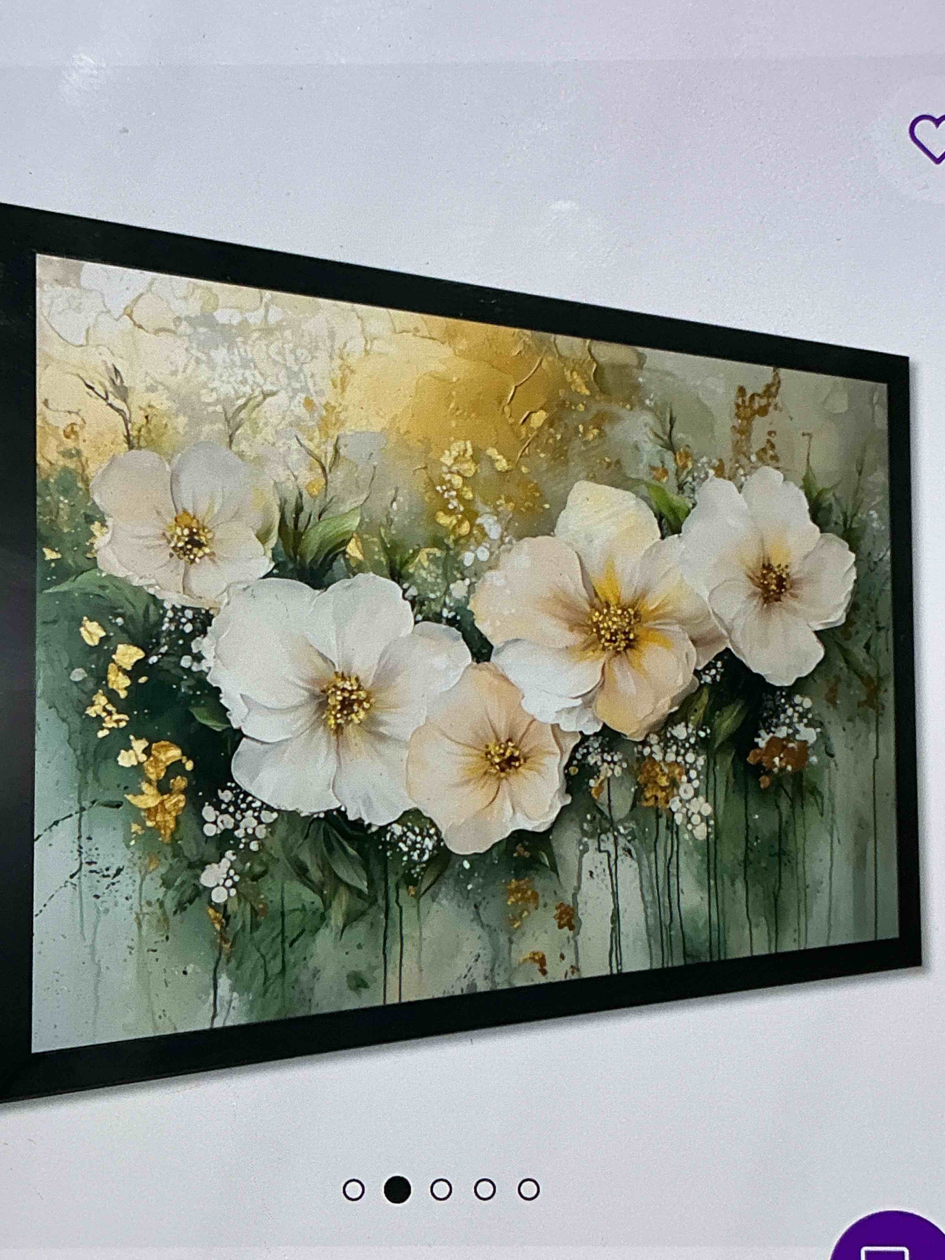 white and gold canvas wall art pallet, white flowers against textured background gold frame 