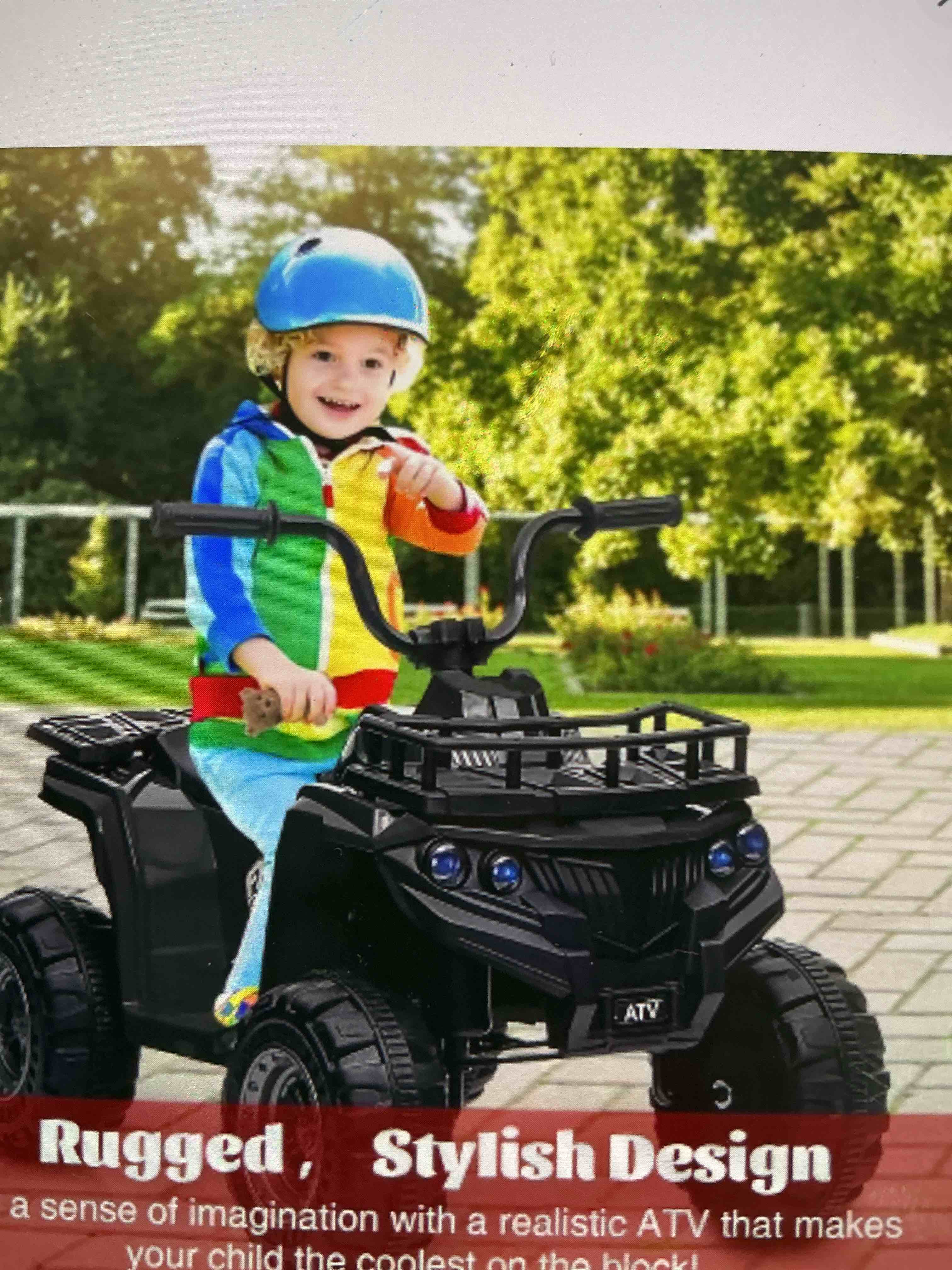 Condition photo showing New/Like New for kids electrical ride on car 12 batv pottery powdered toy for toddlers led lights music high low speed battery powered quad toy vehicle white