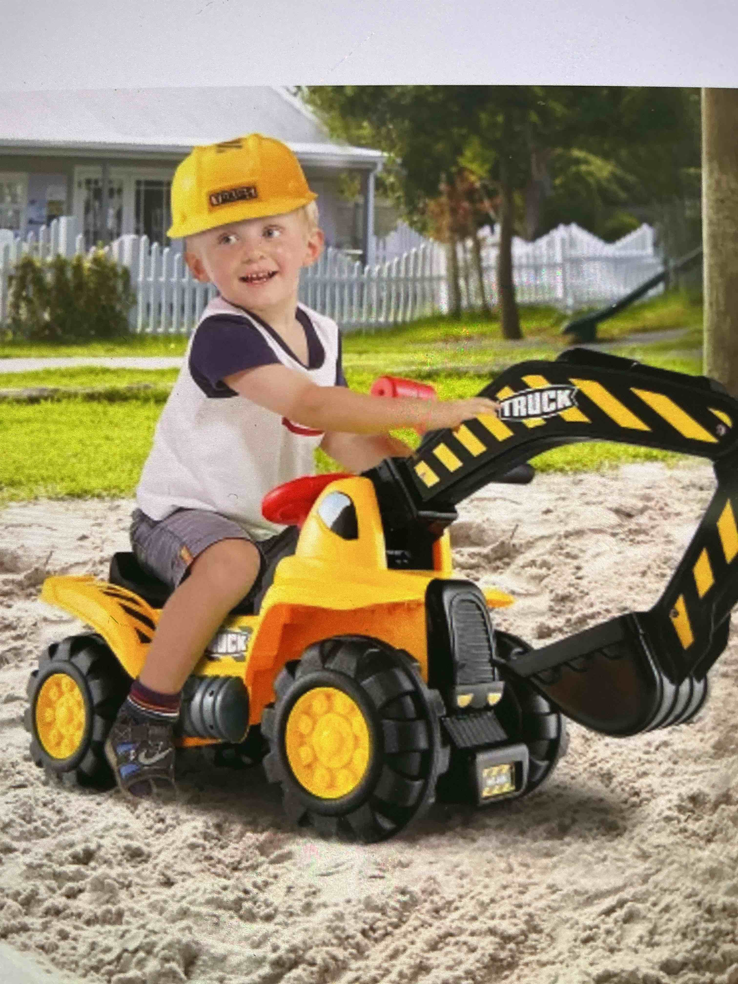 Condition photo showing New/Like New for costway kids toddler right on excavator digger truck scooter seat, storage with sound and helmet