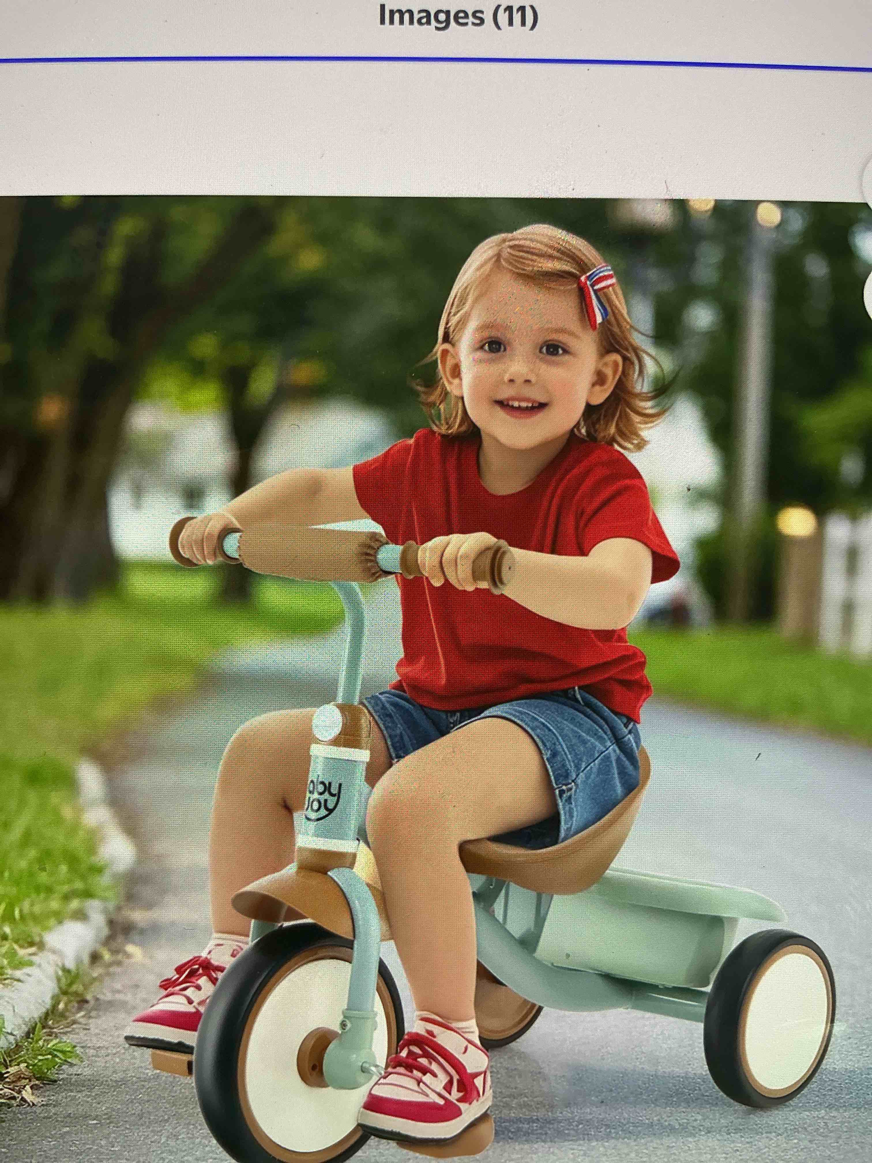 Condition photo showing New/Like New for costway kids tricycle toddler trike with adjustable seat and storage basket three wheel bike green