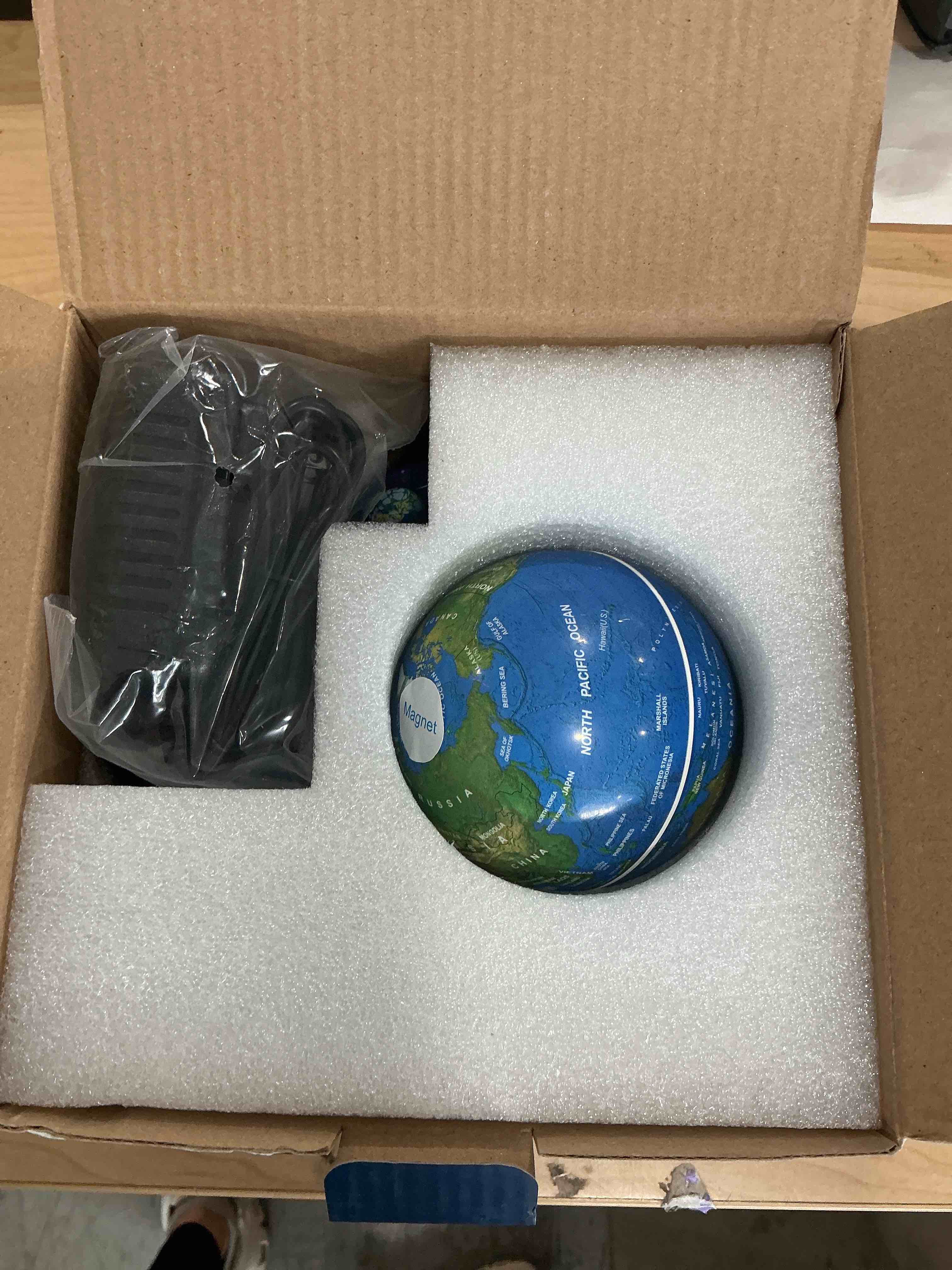 Condition photo showing New/Like New for floating globe, magnetic levitating geographic globes with led lights, desk spinning rotating globes for adults, men and family (blue, 3 inch) blue 3 inch