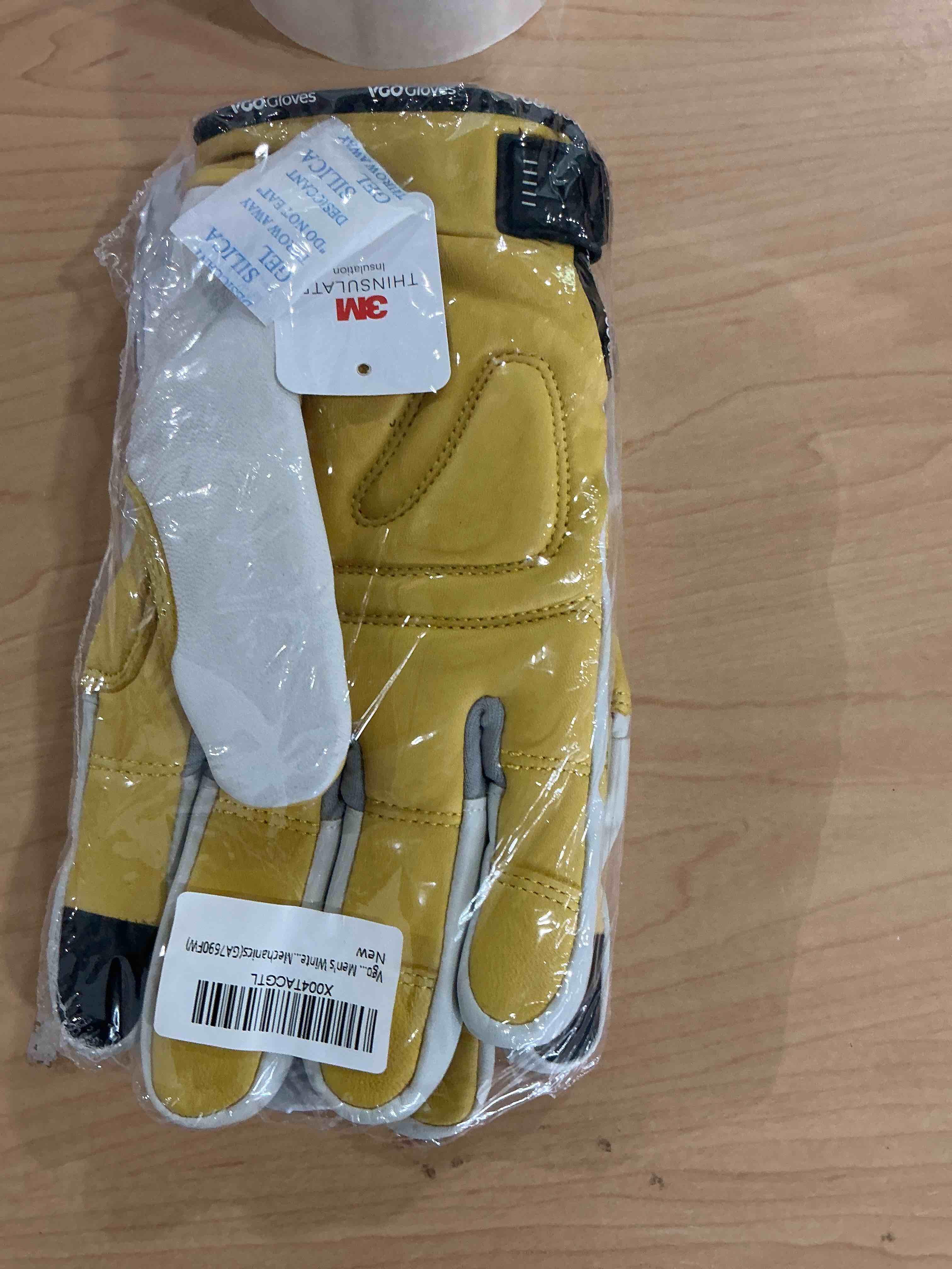 Condition photo showing New/Like New for vgo... pairs unlined cow grain leather work and driver gloves with cow split leather palm patch (size l, gold,ca9590)