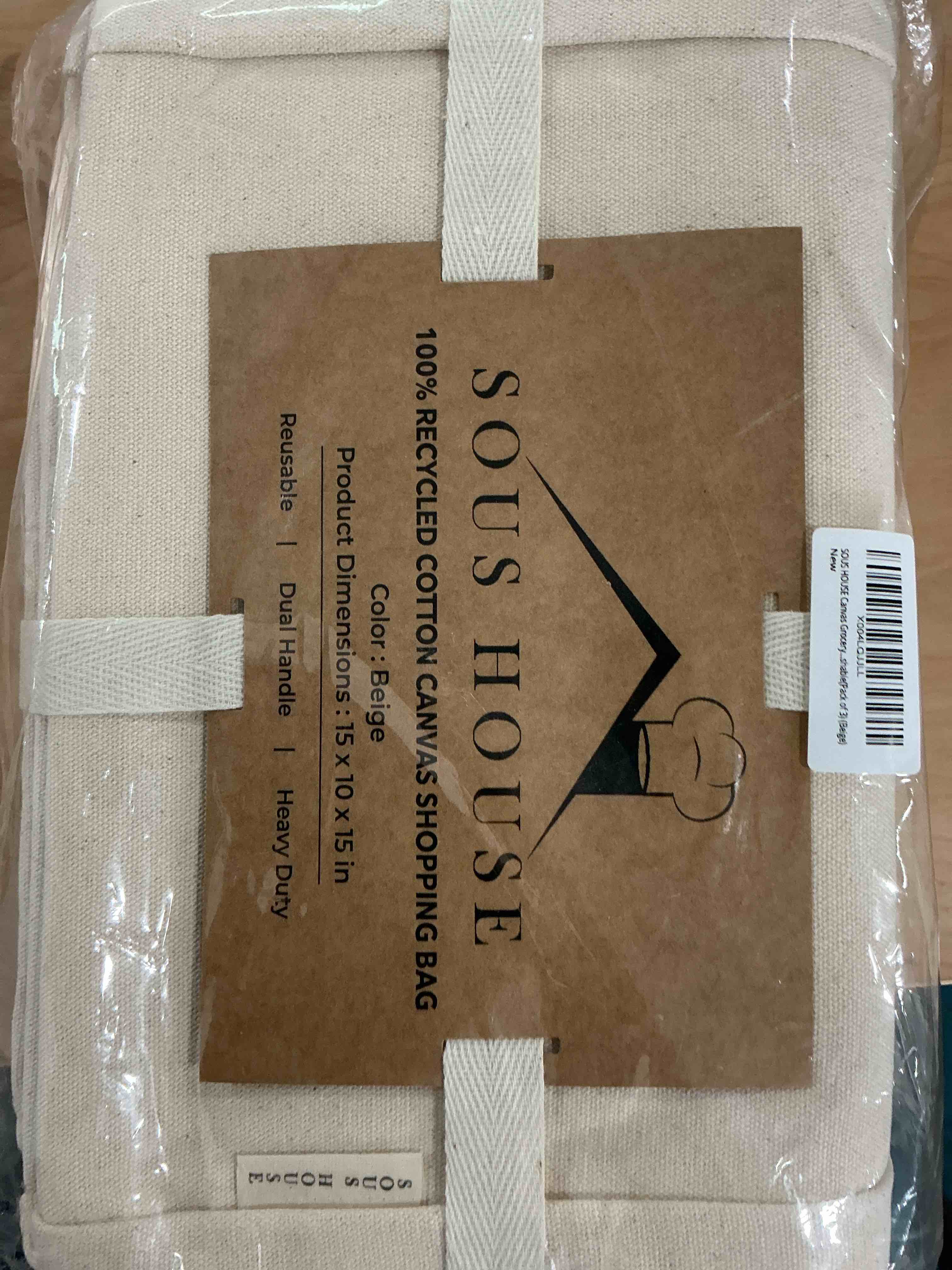 Condition photo showing New/Like New for premium canvas grocery bags with real pockets, frontal pocket, long shoulder strap and short handle, 3pc, xl beige