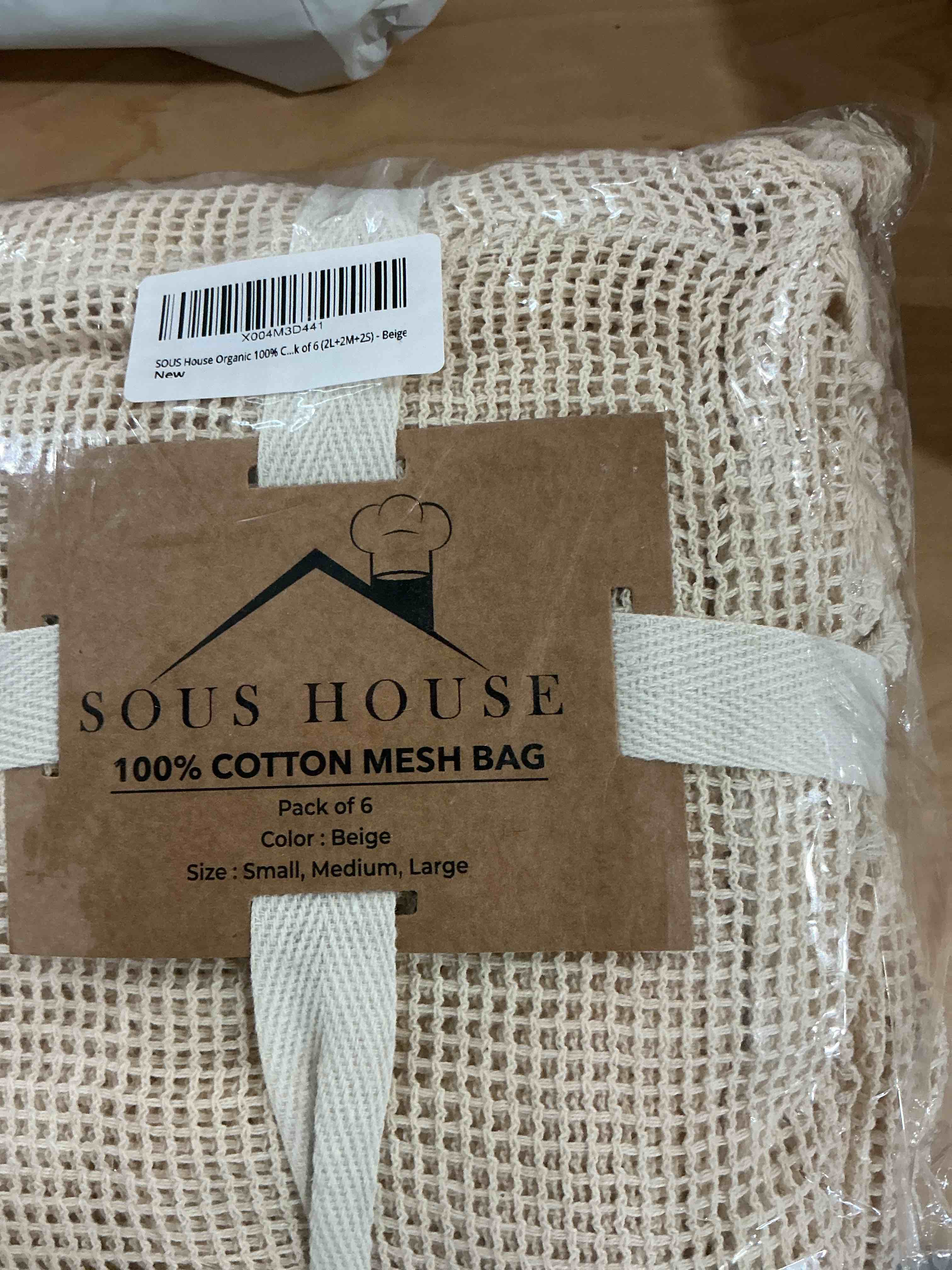 Condition photo showing New/Like New for premium organic reusable mesh produce bags, pack of 6(2l+2m+2s) washable, durable, double stitched produce bags for vegetables storage, machine washable - beige small (8"x10"), medium (10"x12"), large (12"x15")