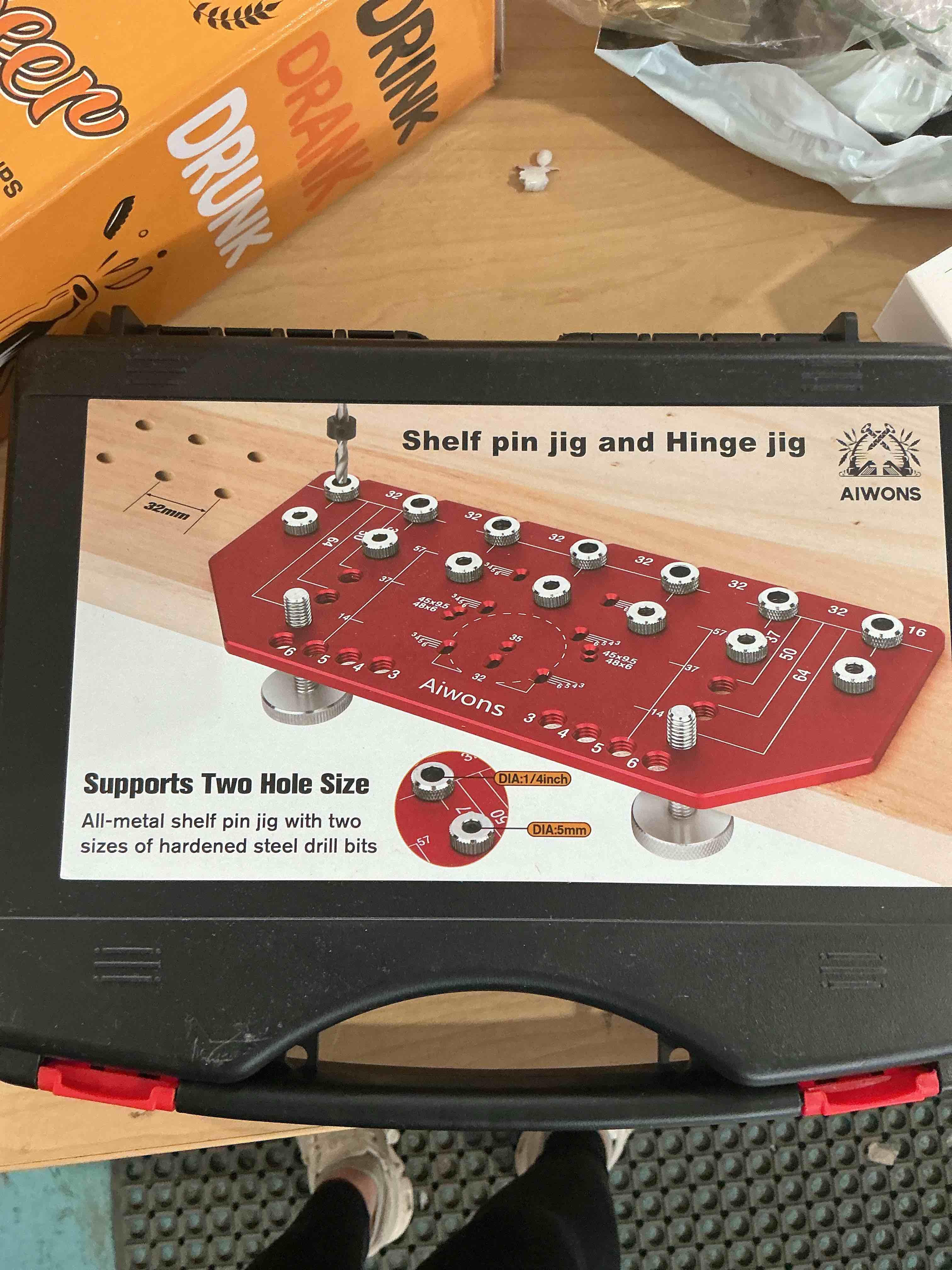 Condition photo showing Brand New for shelf pin jig and hinge jig 2-in-1 - aluminum alloy cabinet hole drilling template for woodworking - shelf pin drilling jig with 1/4" and 5mm drill bits - concealed hinge jig for cabinet doors
