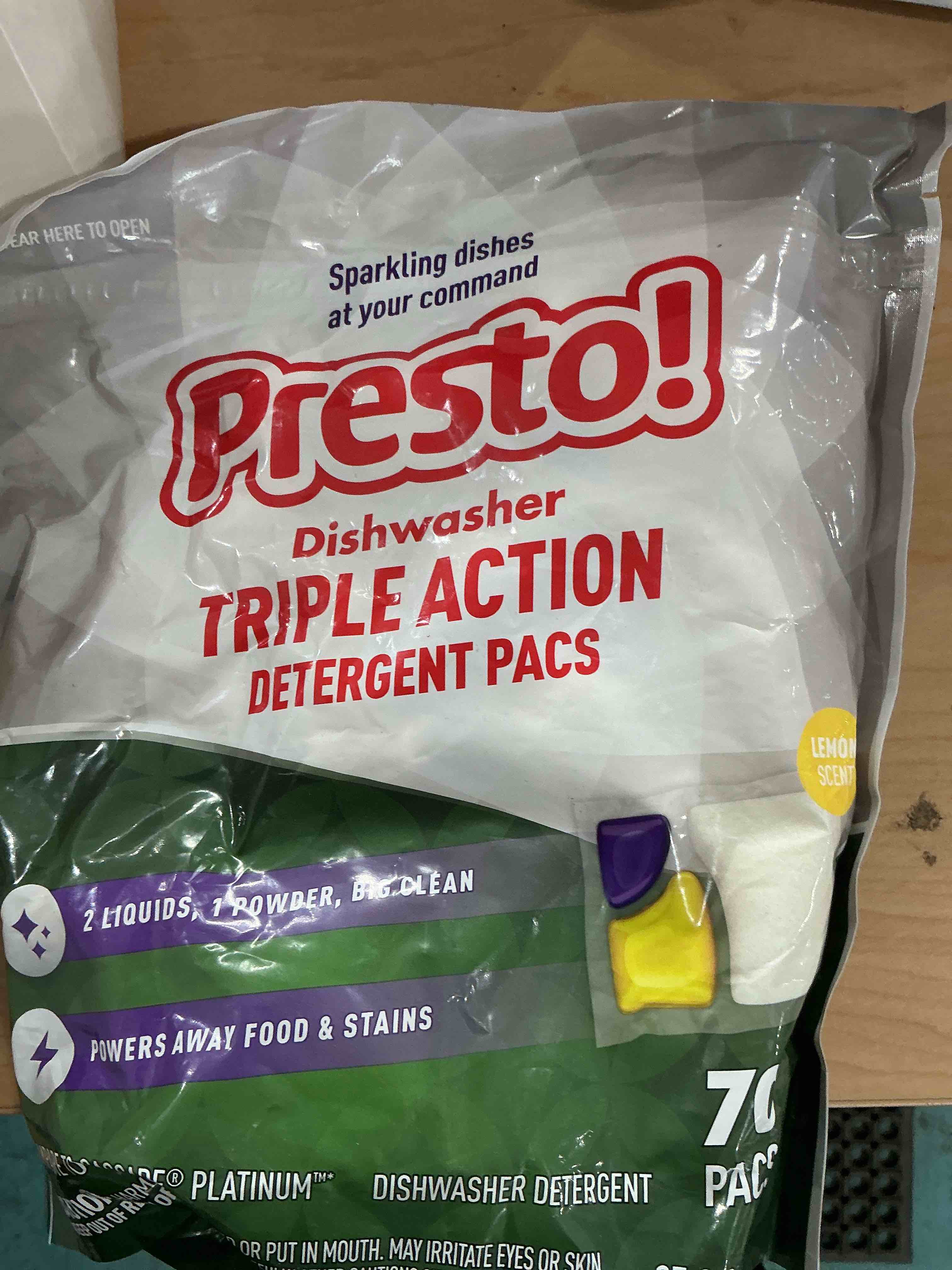 Condition photo showing New/Like New for amazon brand - presto! triple action dishwasher pacs, lemon scent, 70 count