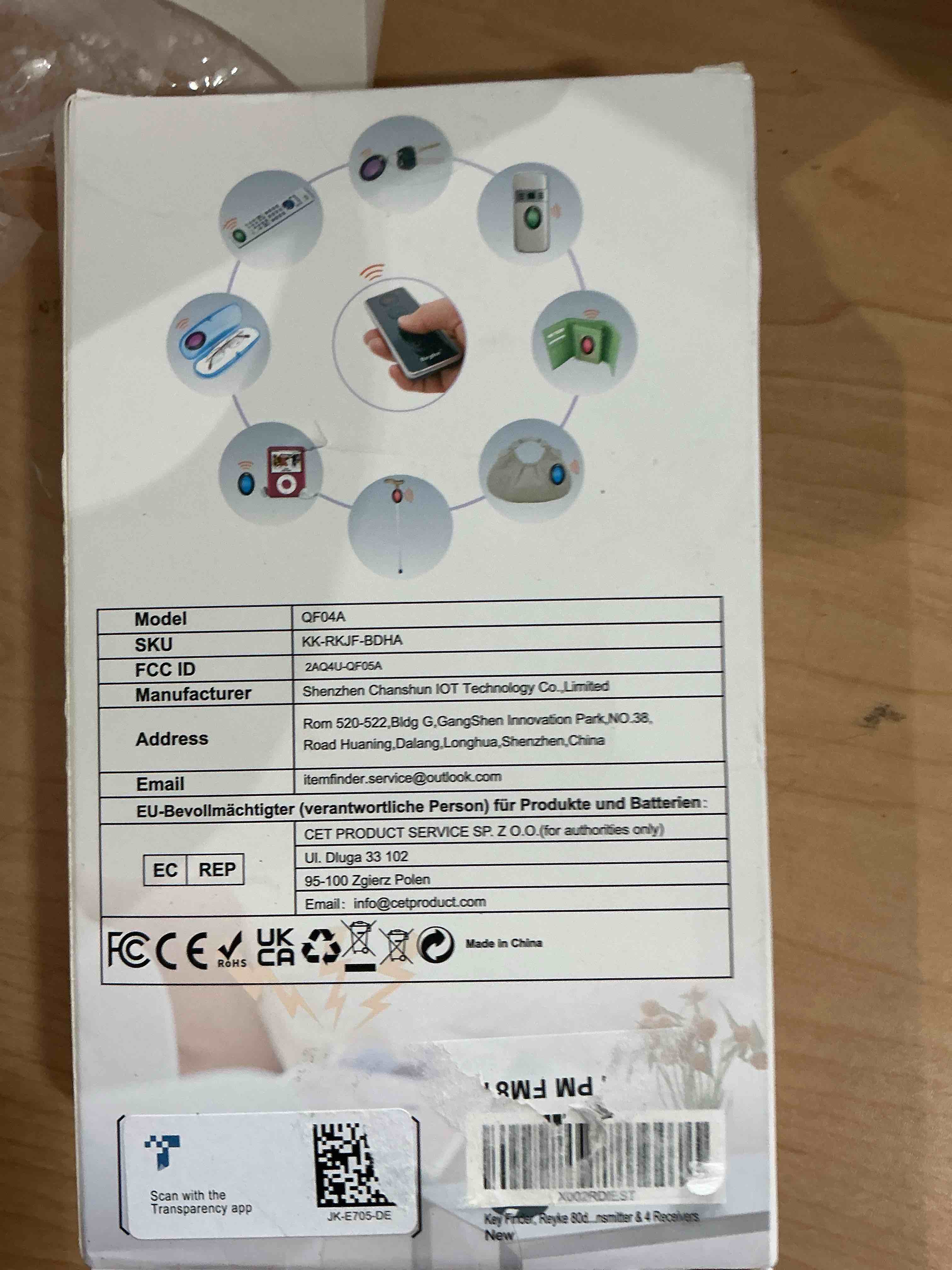 Condition photo showing New/Like New for reyke key finder, 80db+ rf item locator tags with 131ft. working range, wireless remote tracker for wallet, phone, glasses, pet, 1 rf transmitter & 4 receivers