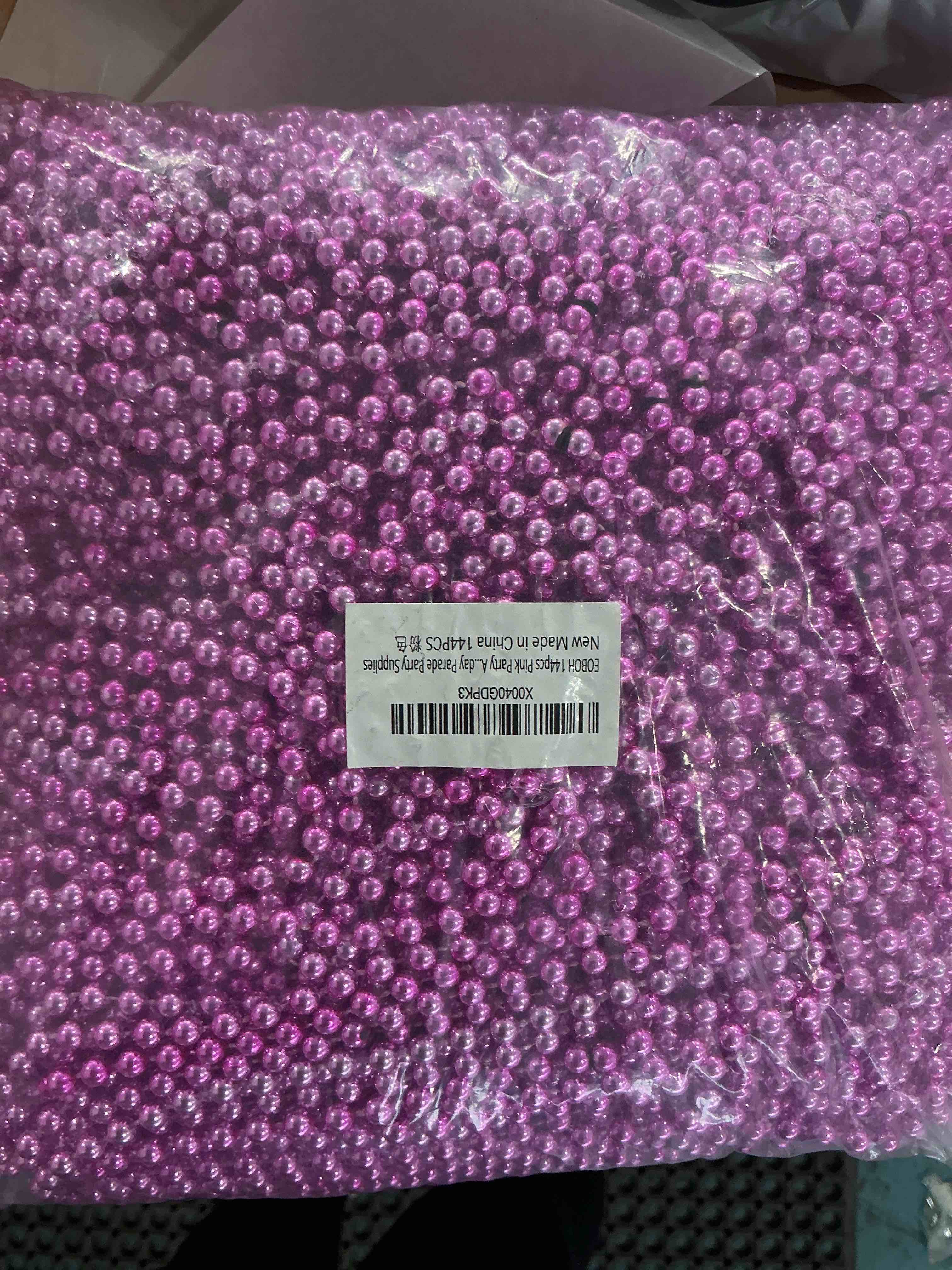 Condition photo showing New/Like New for eoboh 144pcs bead necklace, metallic pink mardi gras rose necklaces bulk, 33" mardi gras round beaded necklace stuff, festival parade throw accessories wedding gender reveal party supplies decor pink 144
