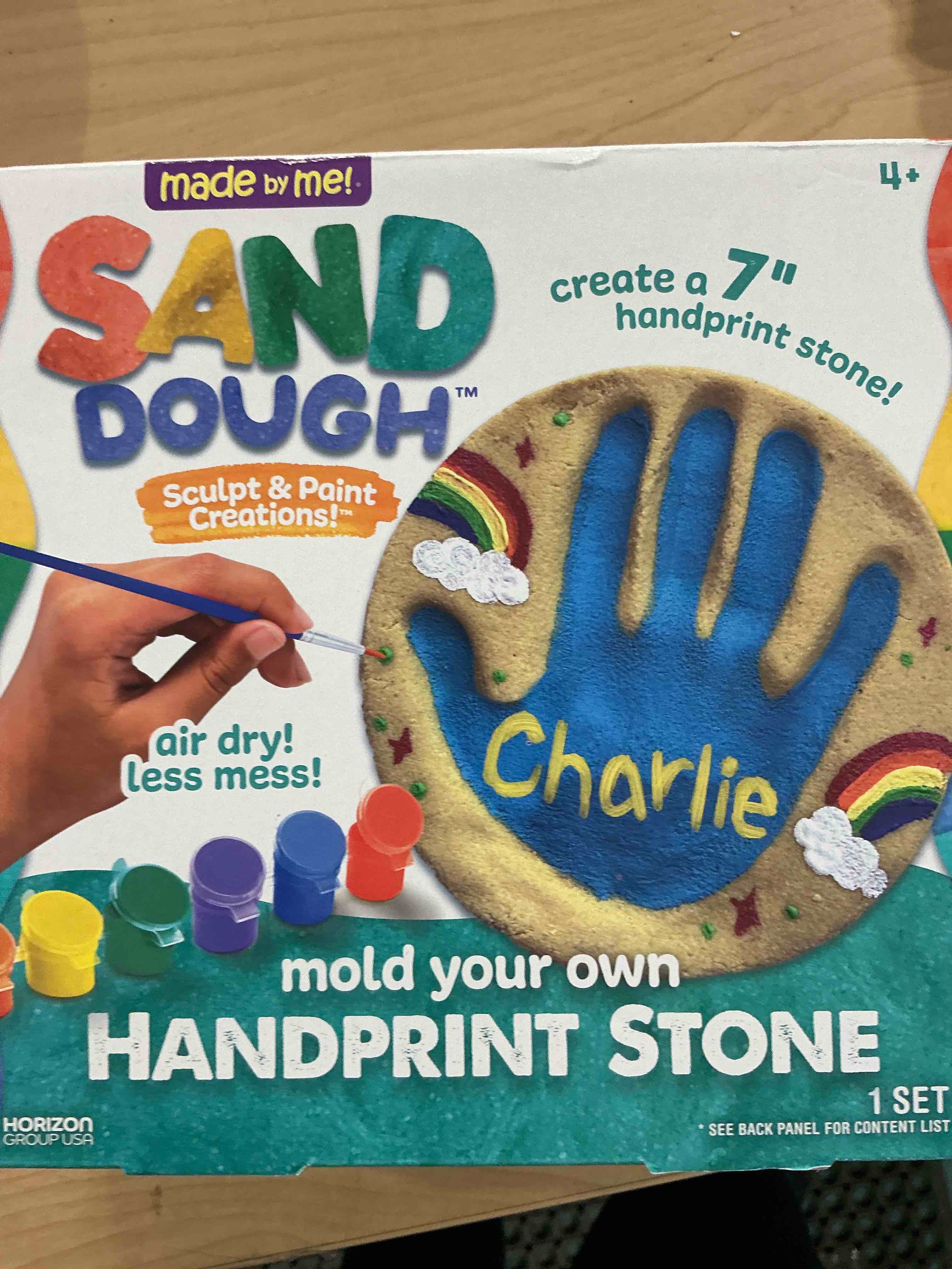Condition photo showing Brand New for made by me! sand dough sculpt & paint creations! mold your own hand print stone, diy 7-inch handprint stone kit, mess-free stepping stones, staycation activity, keepsake gift for kids ages 4+