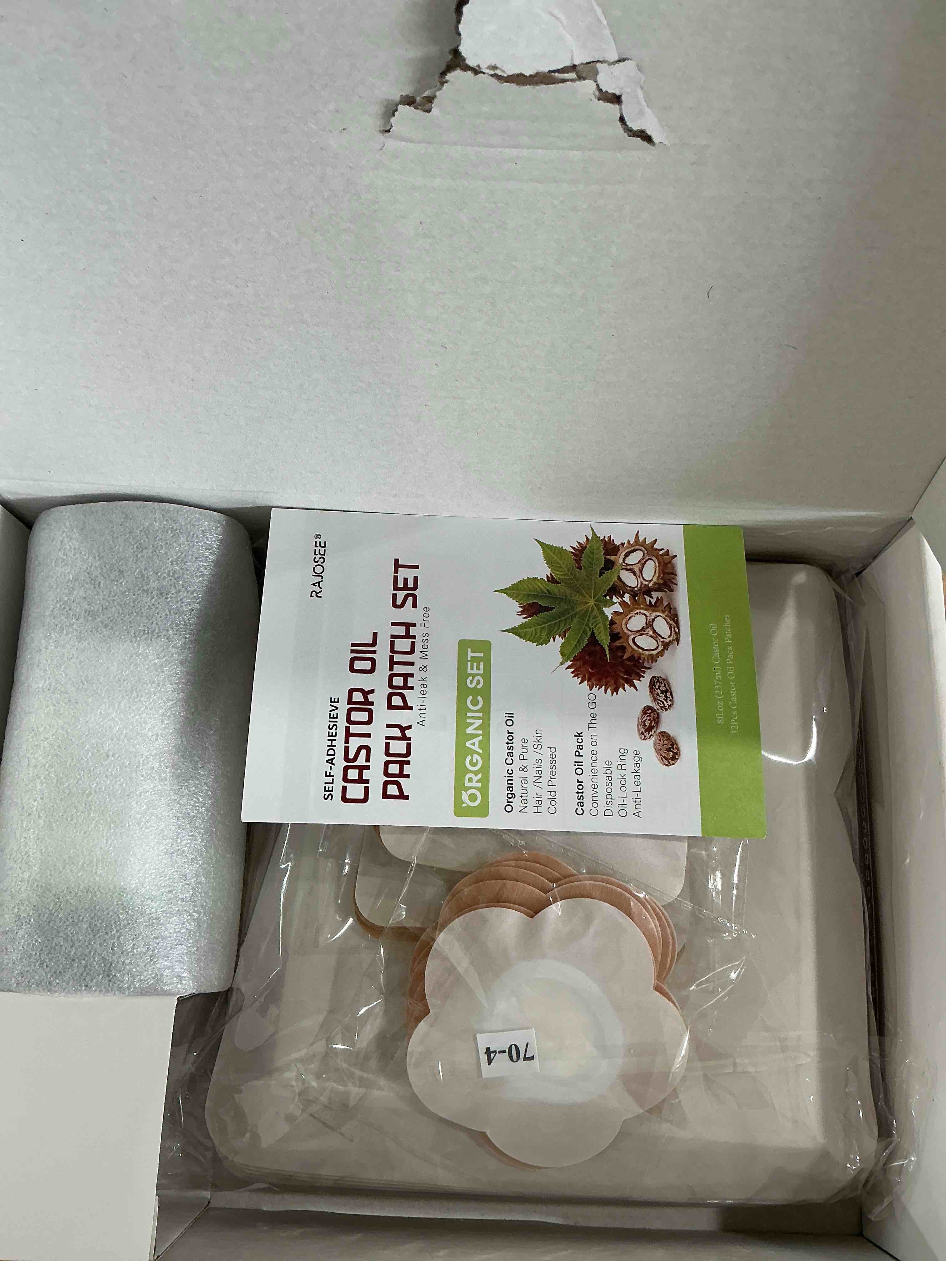 Condition photo showing New/Like New for 32pcs castor oil pack with castor oil organic cold pressed glass bottle 8oz, cotton caster oil wrap for waist back neck arm, self-adhesive for convenient use 32pcs patch with oil