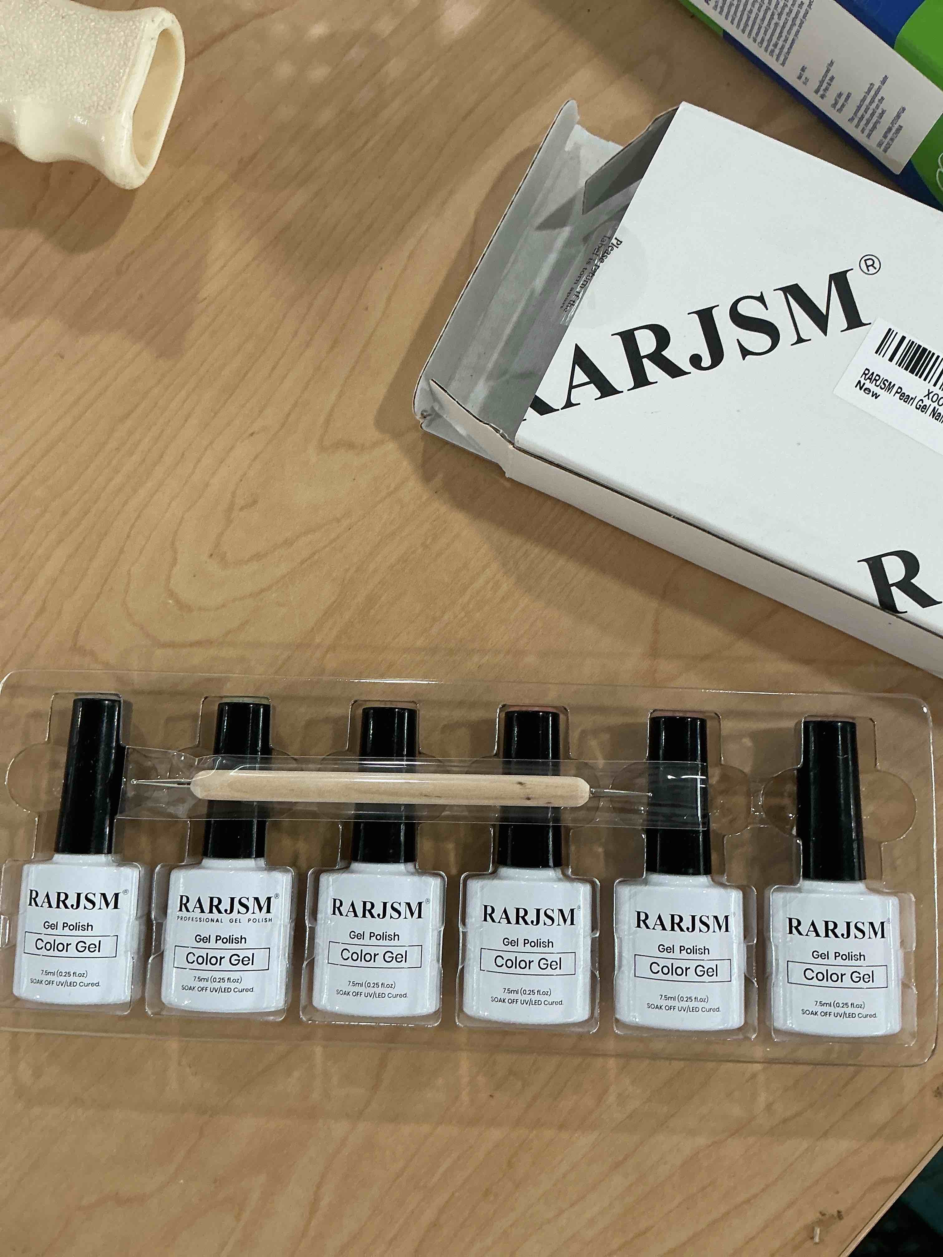 Condition photo showing New/Like New for rarjsm pearl gel nail polish set neon green blue yellow orange red pink rainbow 6 bright colors iridescent mermaid shell glitter polish shimmer multichrome swirl thread effect curing requires neon color pearl collection