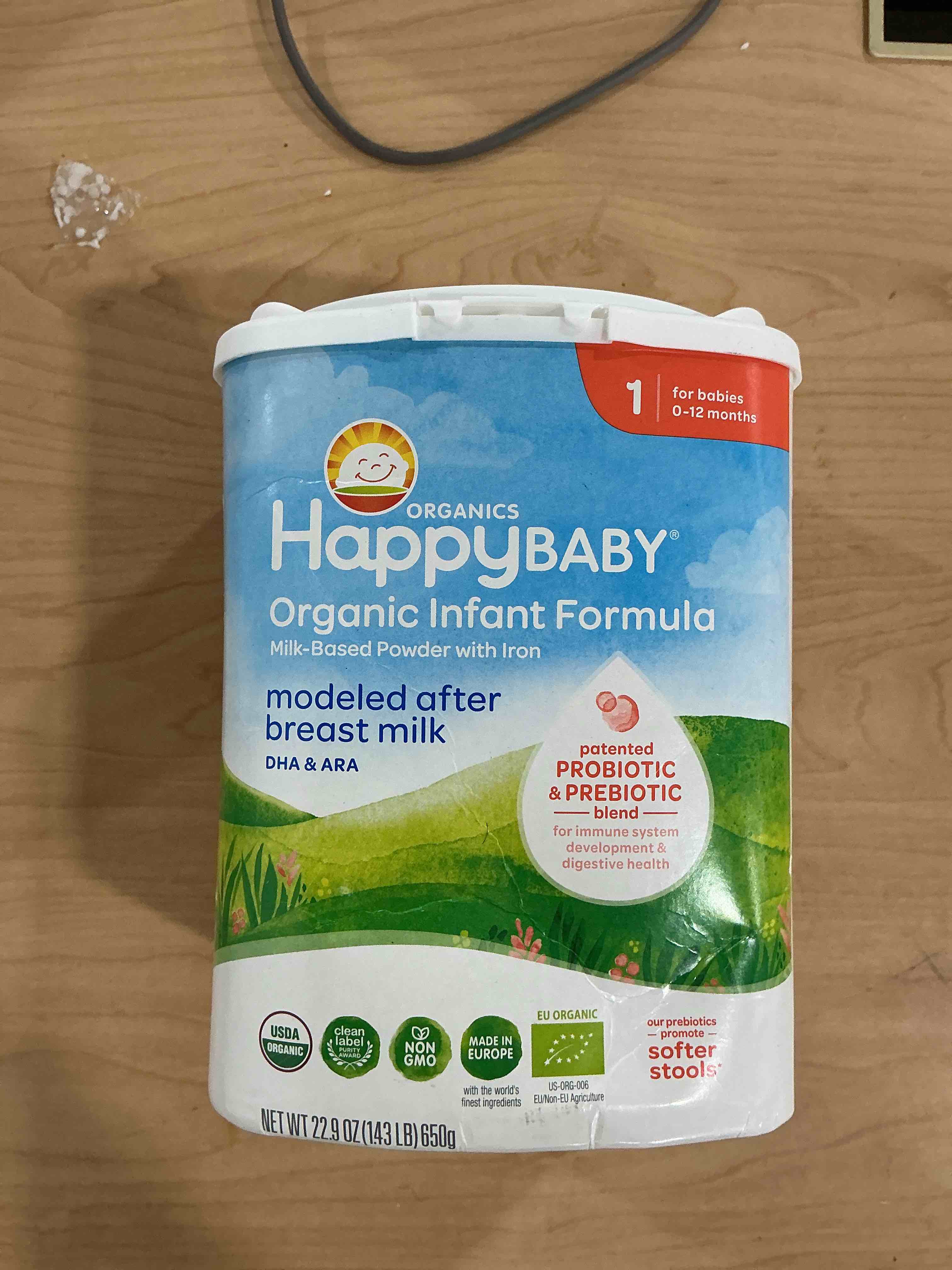 Condition photo showing New/Like New for happy baby organics stage 1 infant formula, 0 12 months, milk based organic baby formula powder with iron, probiotics & prebiotics for immune & digestive support, 22.9 ounce (pack of 1)