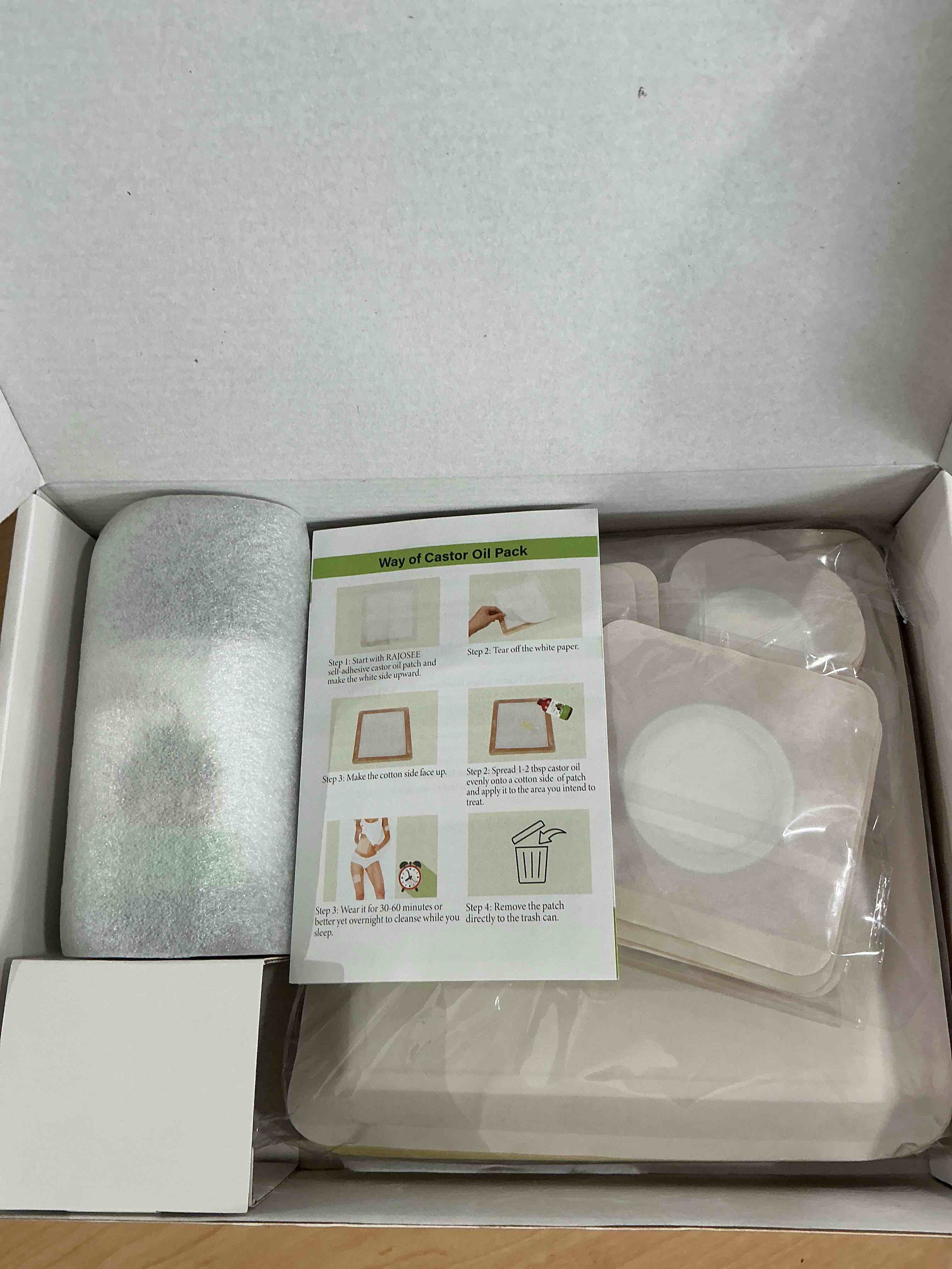 Condition photo showing New/Like New for 32pcs castor oil pack with castor oil organic cold pressed glass bottle 8oz, cotton caster oil wrap for waist back neck arm, self-adhesive for convenient use 32pcs patch with oil