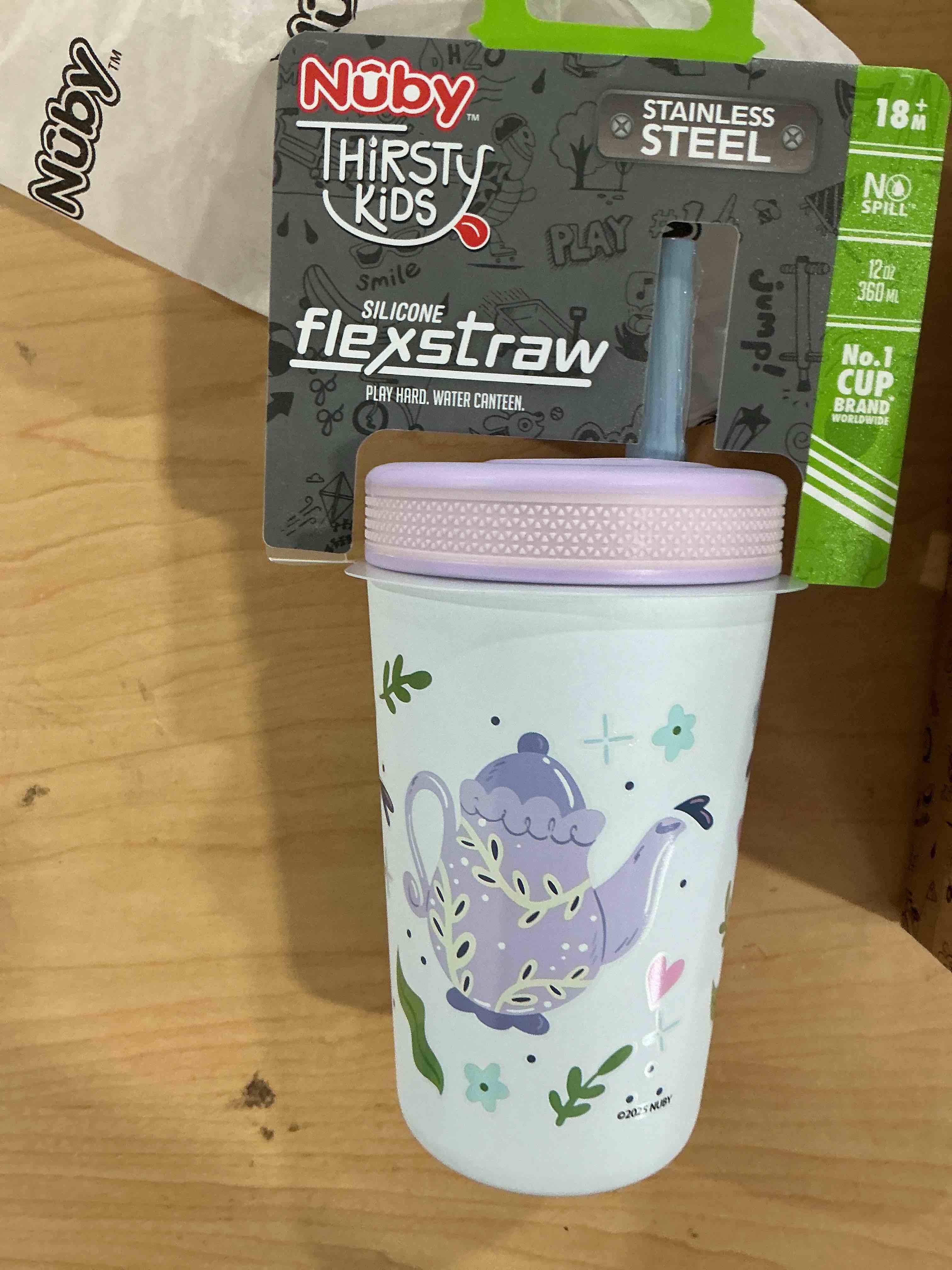 Condition photo showing New/Like New for nuby thirsty kids insulated toddler cup with silicone flexstraw - 12 oz - stainless steel and leak-resistant - 18+ months - tea pots