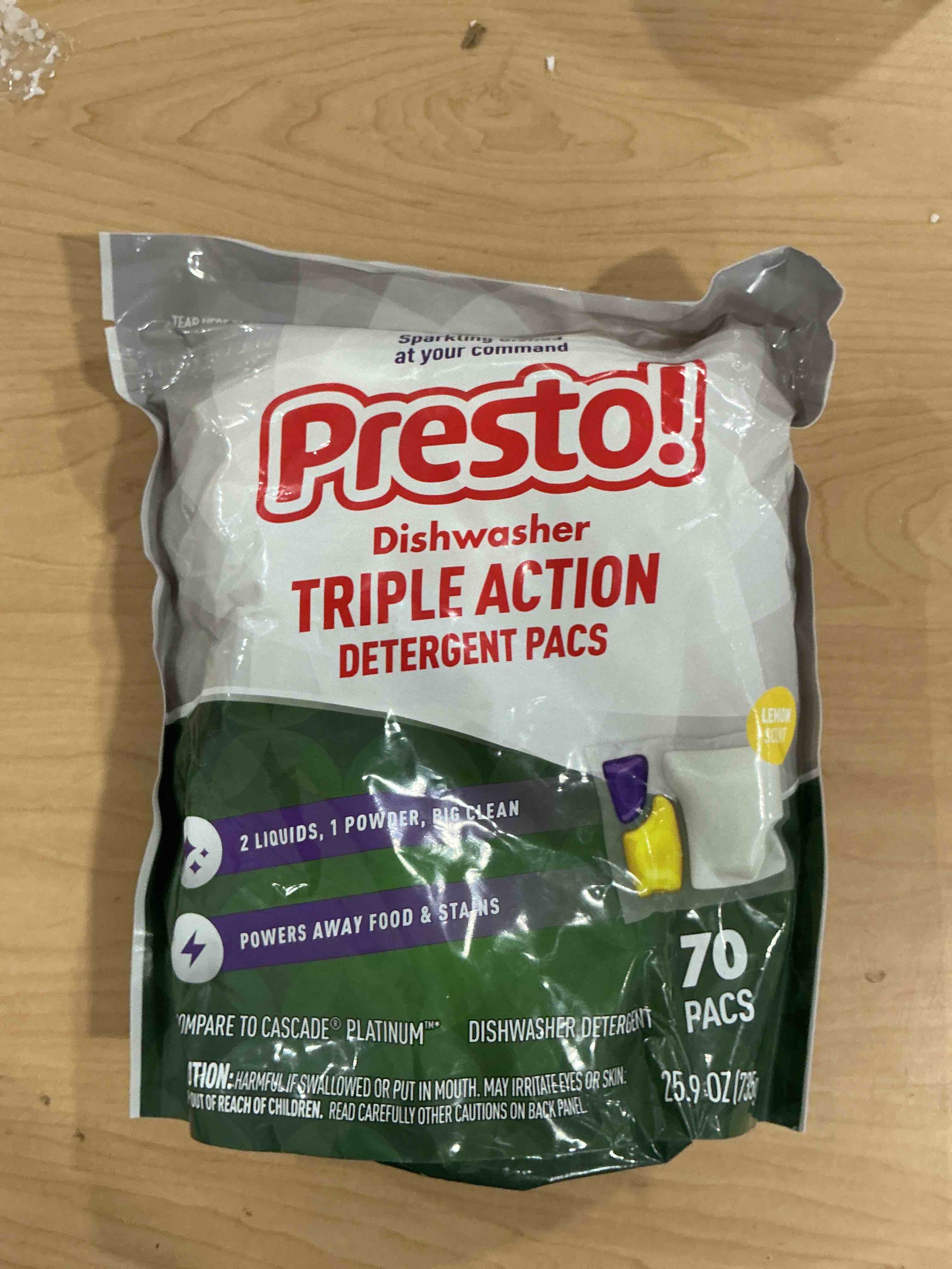 Condition photo showing New/Like New for amazon brand - presto! triple action dishwasher pacs, anti-spotting, fresh scent, no phosphates or chlorine, 70 count