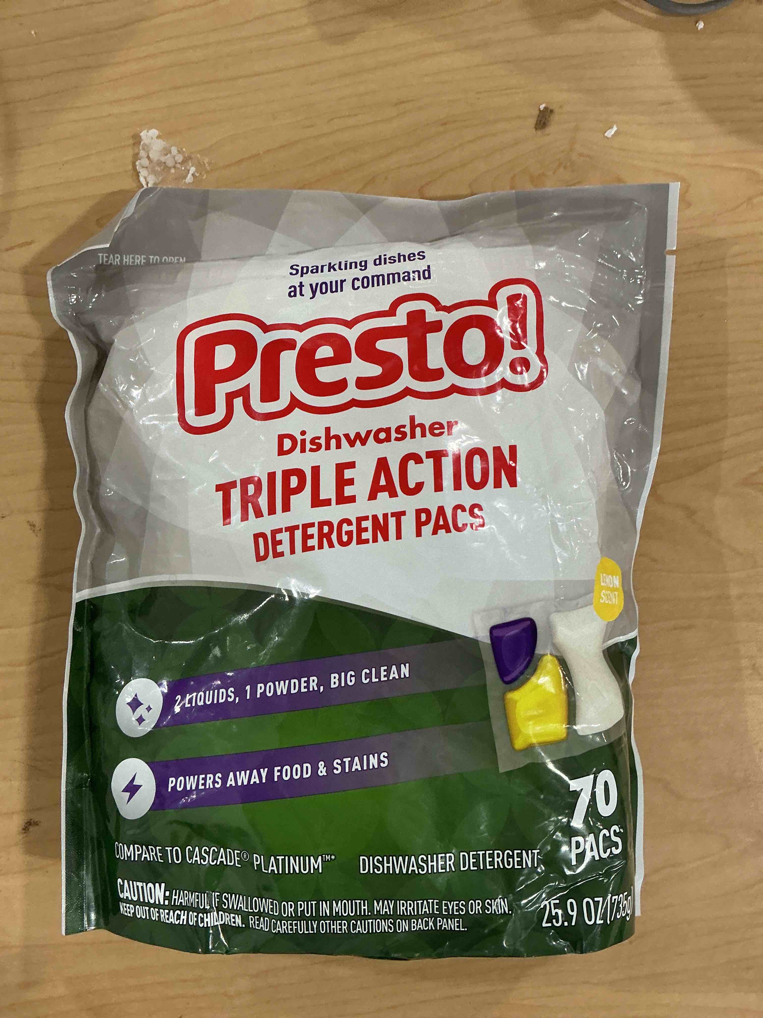 Condition photo showing New/Like New for amazon brand - presto! triple action dishwasher pacs, anti-spotting, fresh scent, no phosphates or chlorine, 70 count