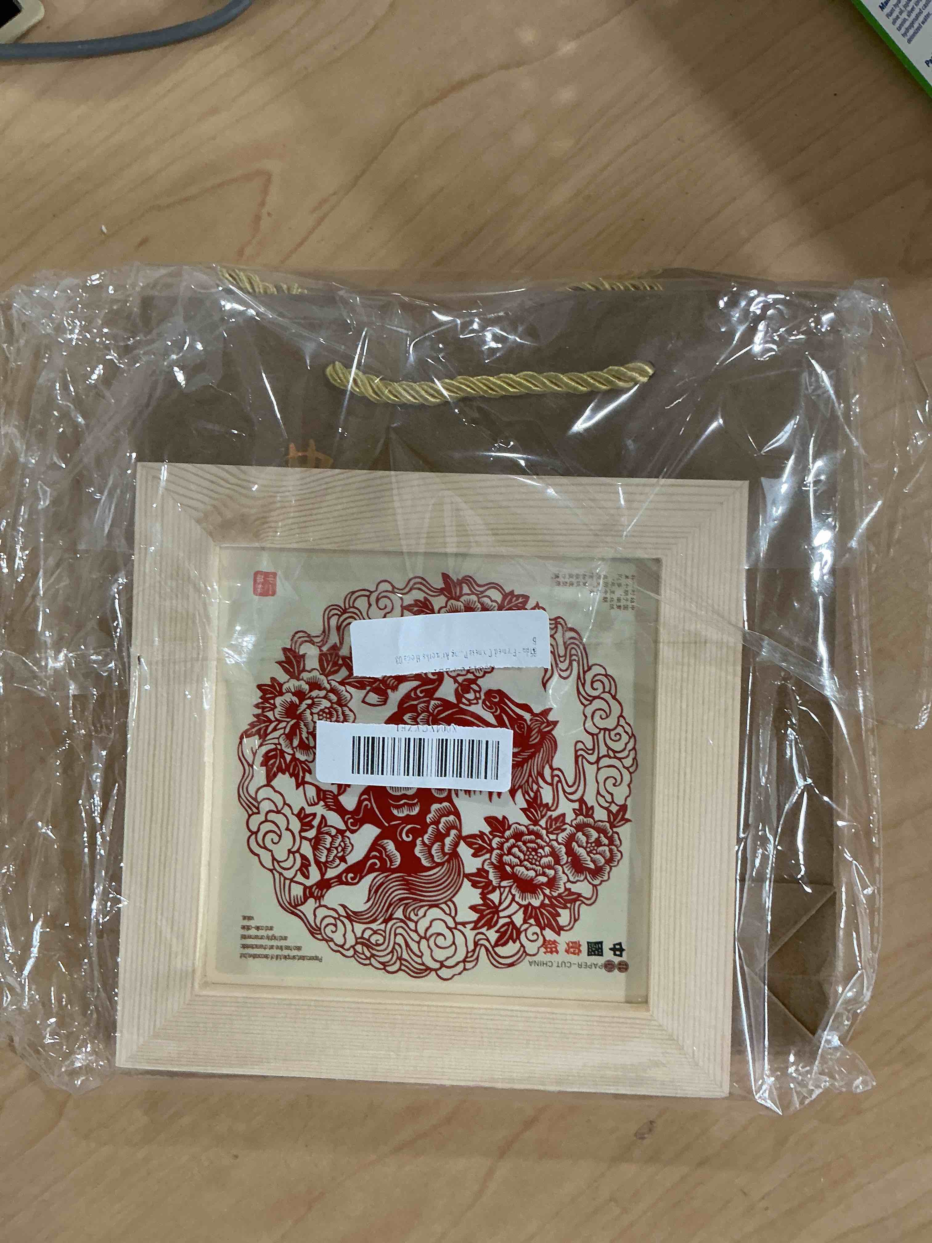 Condition photo showing New/Like New for handmade yuxian paper cutting framed art, chinese folk art year of the horse decor, small tabletop decor for home office, natural wood frame (prosperity & fortune-bringing horse, dark red)