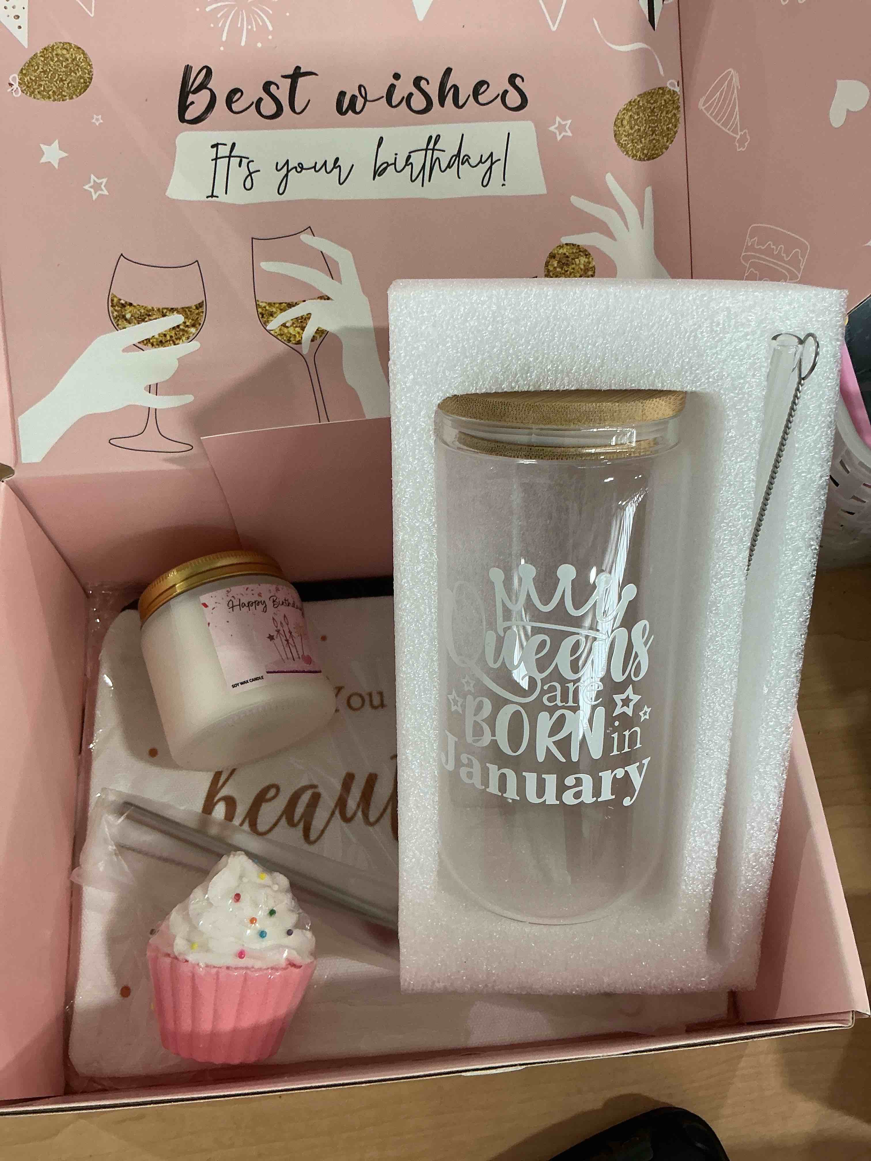 Condition photo showing New/Like New for birthday gifts box for women, happy birthday glass cup tumbler for her, girlfriend, friends, wife, mom, bestie, daughter, sister, 18oz unique can glass with straw & lid, queens are born in march