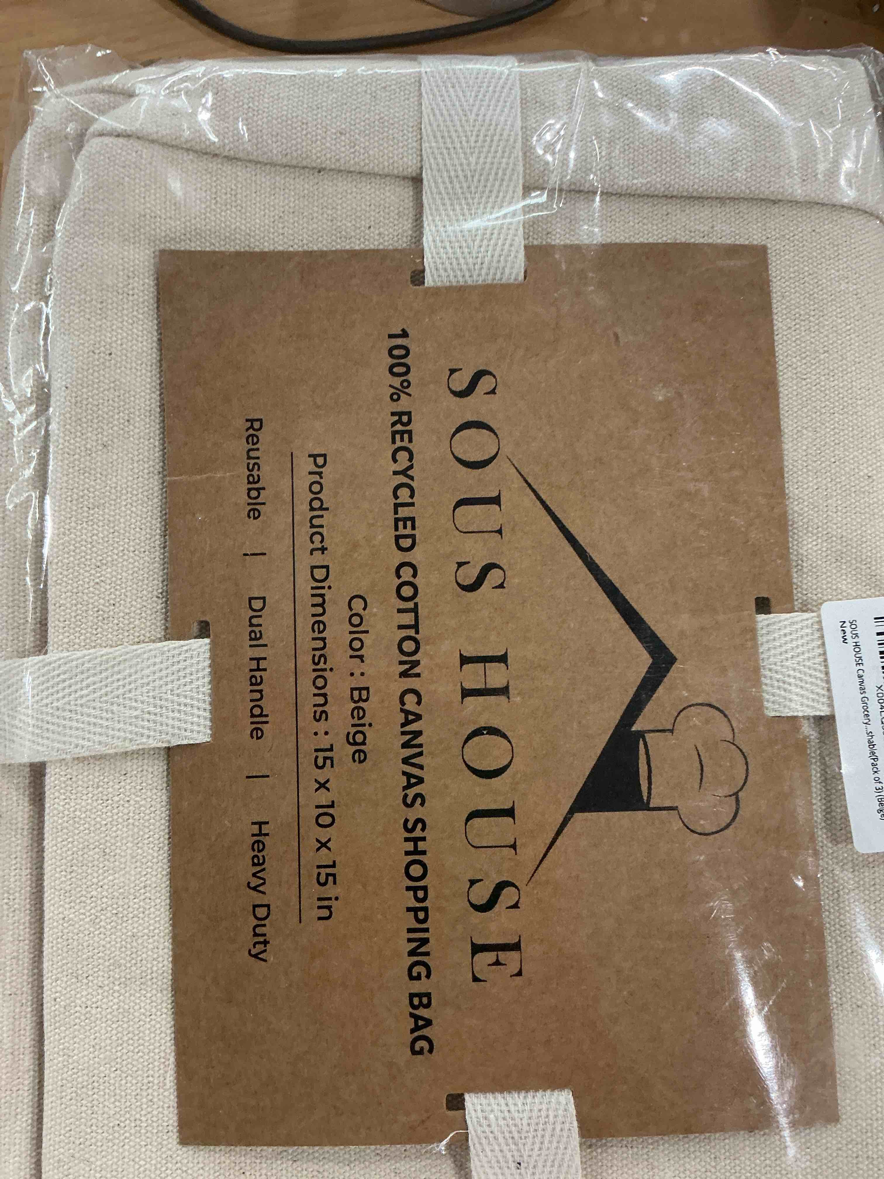 Condition photo showing New/Like New for premium canvas grocery bags with real pockets, frontal pocket, long shoulder strap and short handle, 3pc, xl beige