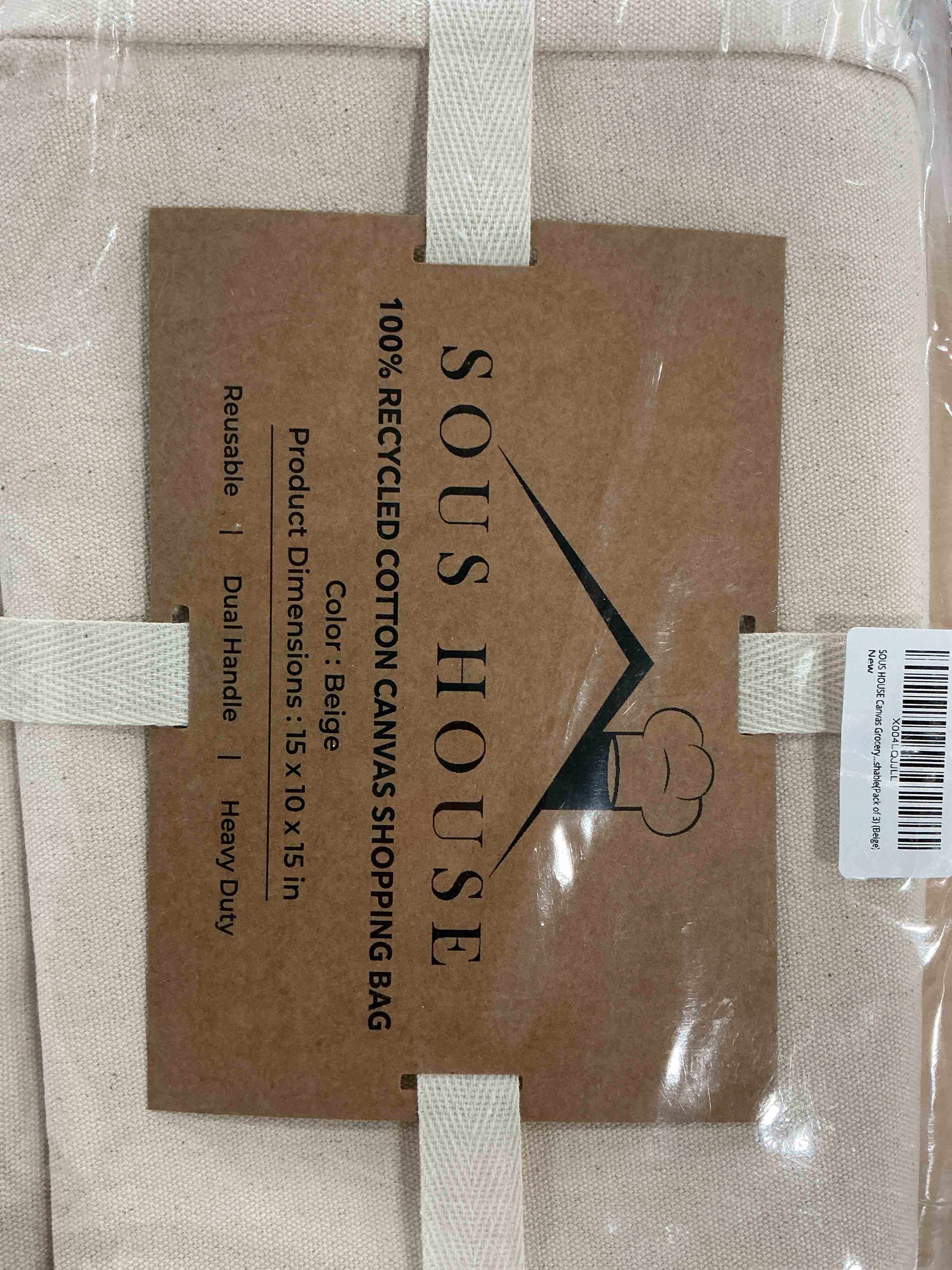 Condition photo showing New/Like New for premium canvas grocery bags with real pockets, frontal pocket, long shoulder strap and short handle, 3pc, xl beige