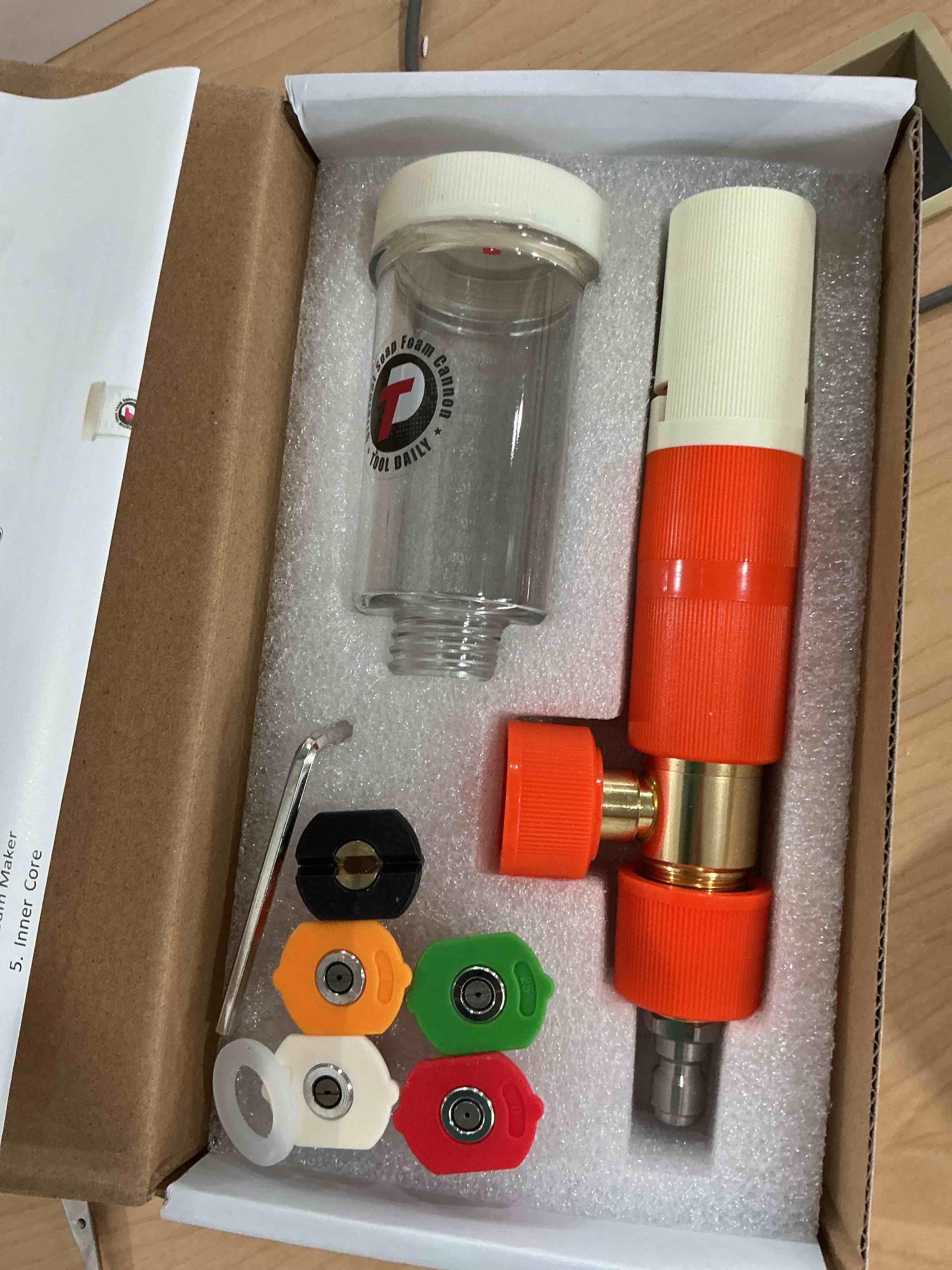Condition photo showing New/Like New for tool daily pressure washer foam cannon, original soap foam cannon for car washing, 5 power washer nozzle tips, 1/4 inch quick connector mini foam cannon