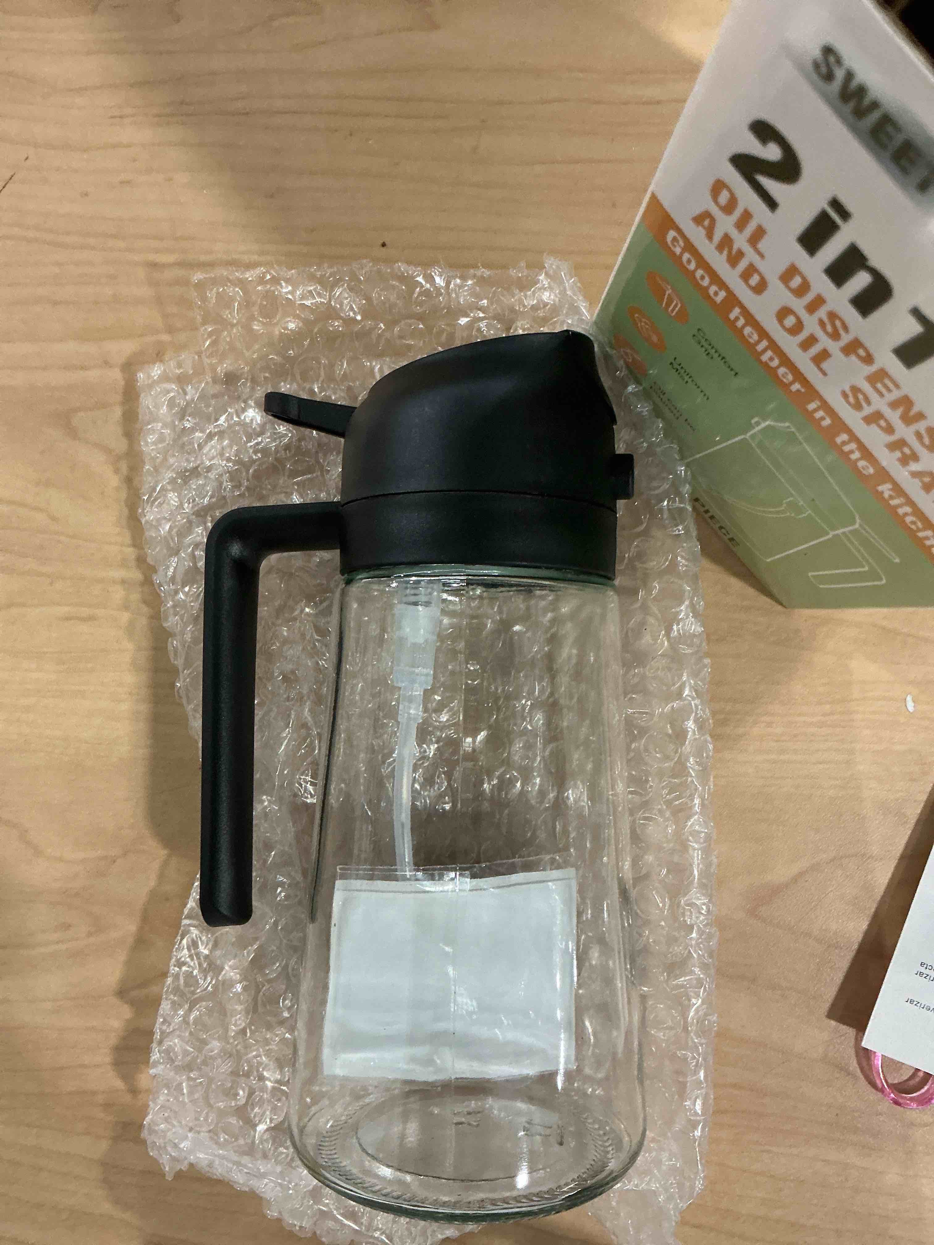 Condition photo showing New/Like New for olive oil sprayer for cooking, 470ml 2 in 1 glass oil dispenser/pour bottle, kitchen accessories, kitchen gadgets for air fryer, salad, bbq (black)