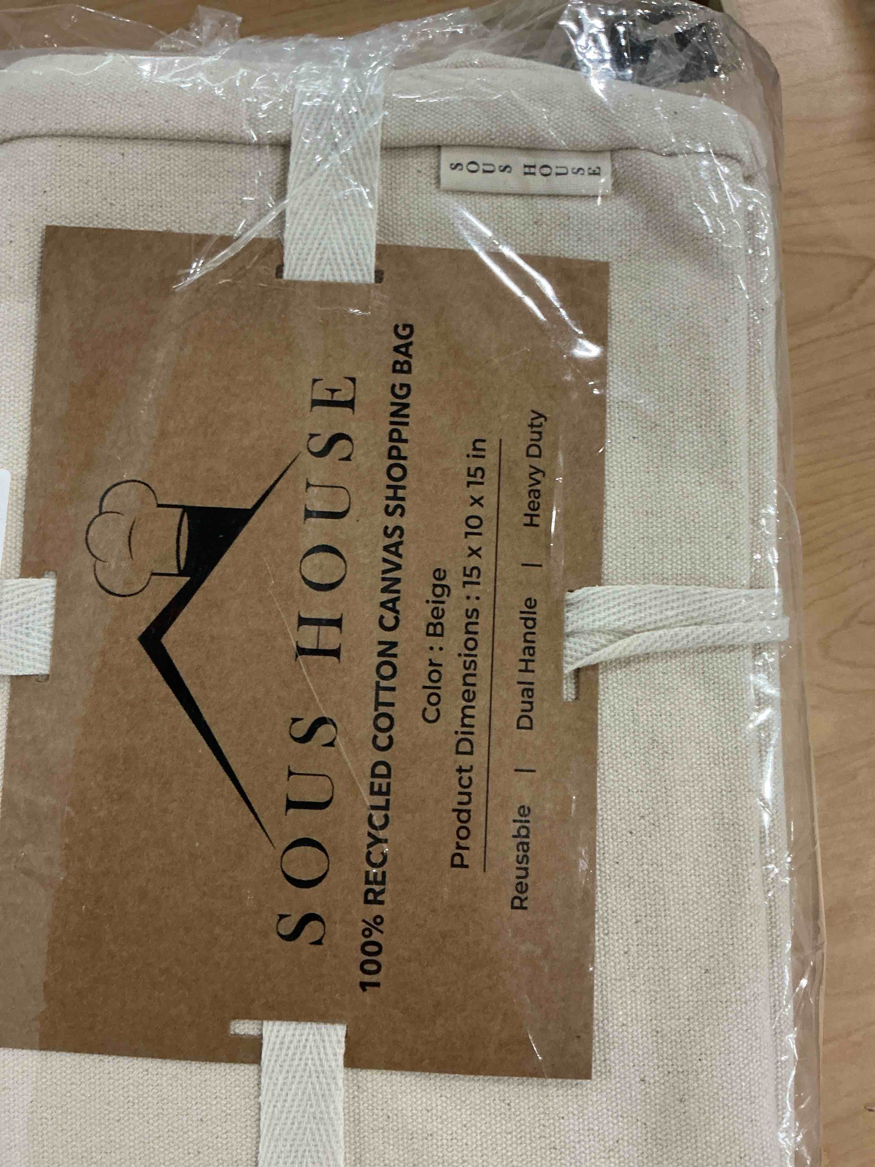 Condition photo showing New/Like New for premium canvas grocery bags with real pockets, frontal pocket, long shoulder strap and short handle, 3pc, xl beige