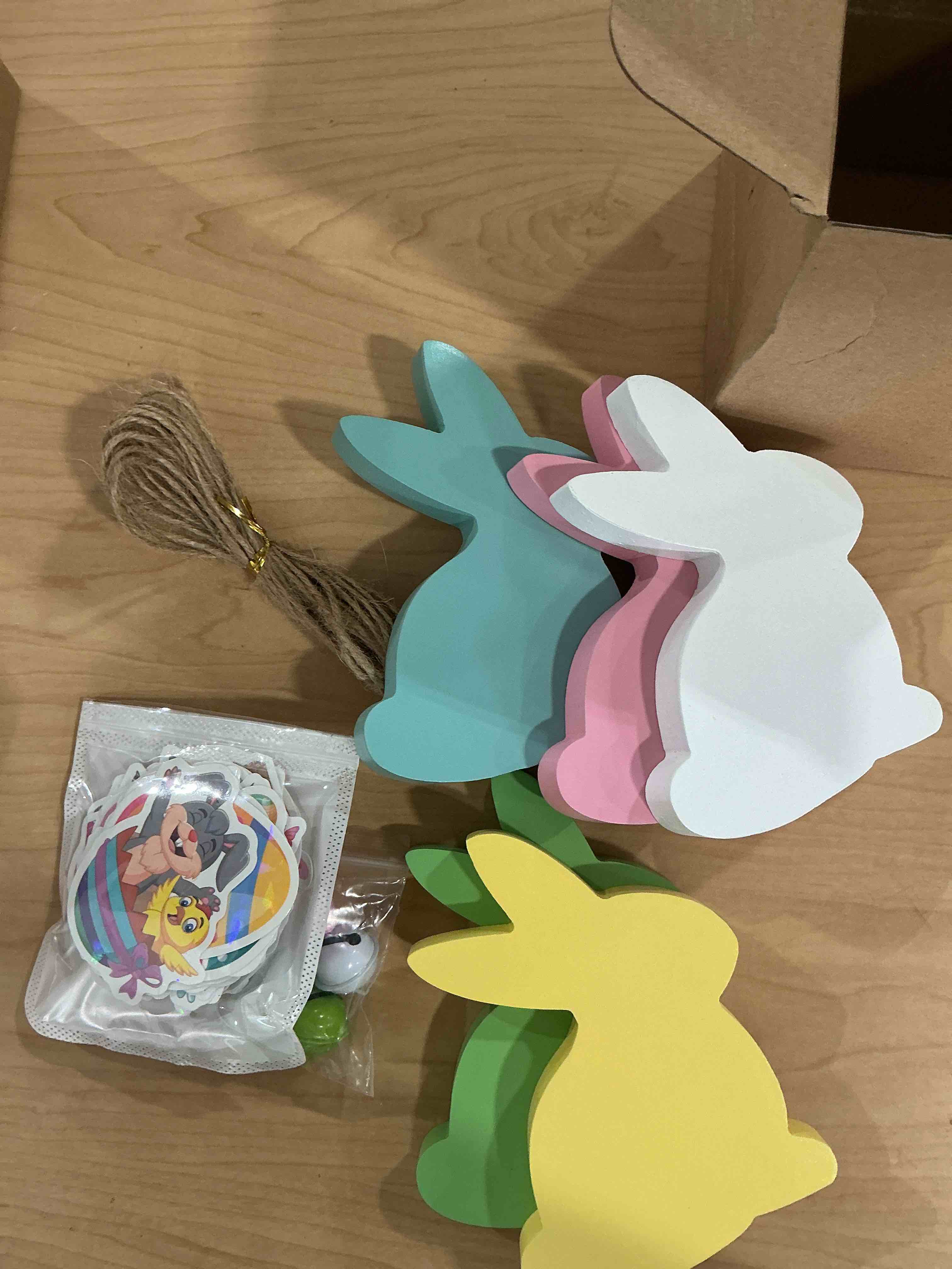Condition photo showing New/Like New for 5 pcs easter decorations bunny decor wooden with 50 pcs eggs & bunny stickers, sign tabletop rabbit decor with jute rope & bell, spring signs for home, mantal décor for farmhouse supplies
