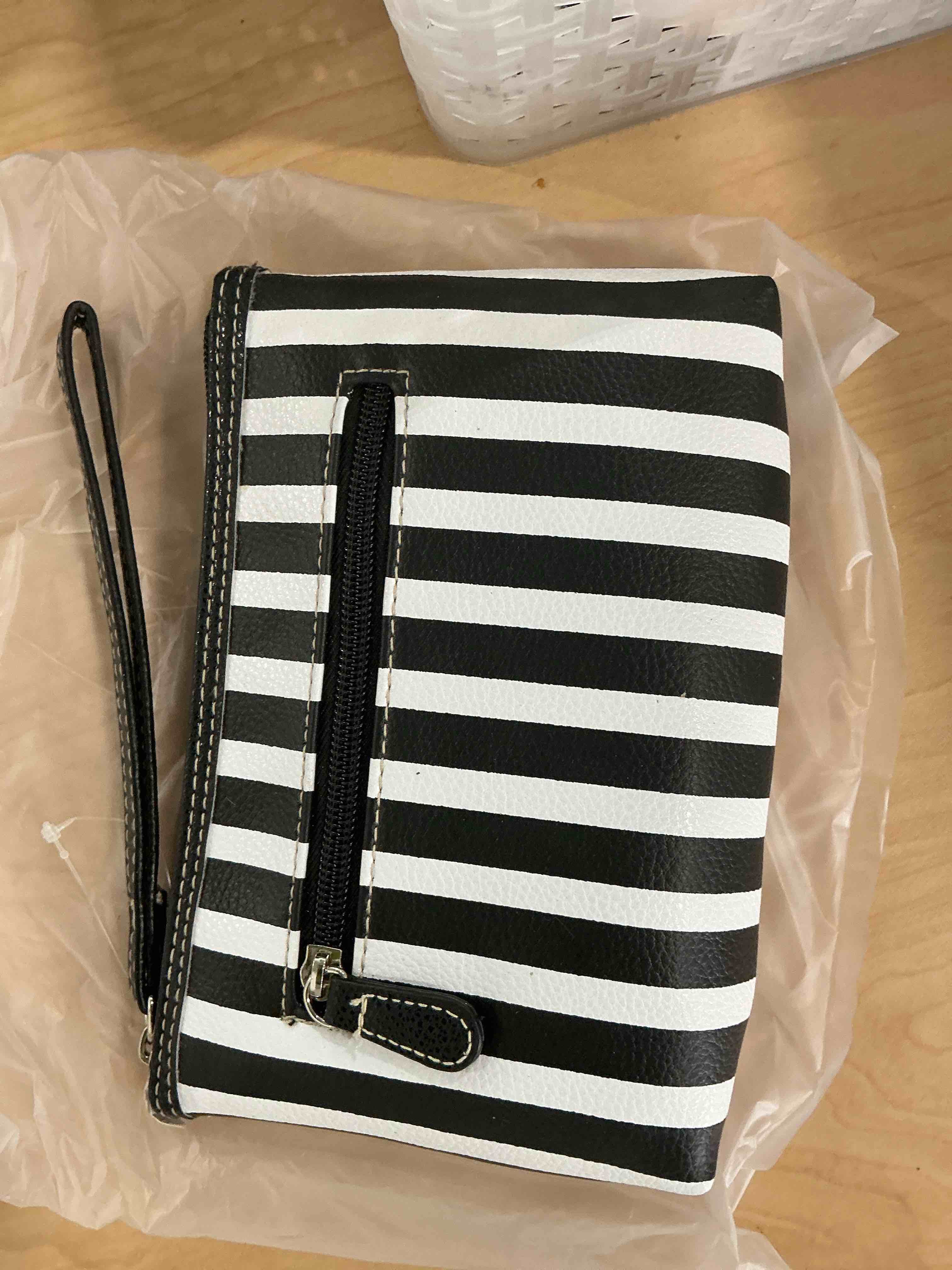 Condition photo showing New/Like New for white black stripe pattern small makeup bag for purse travel cosmetic bags for women make up organizer pouch toiletry leather case