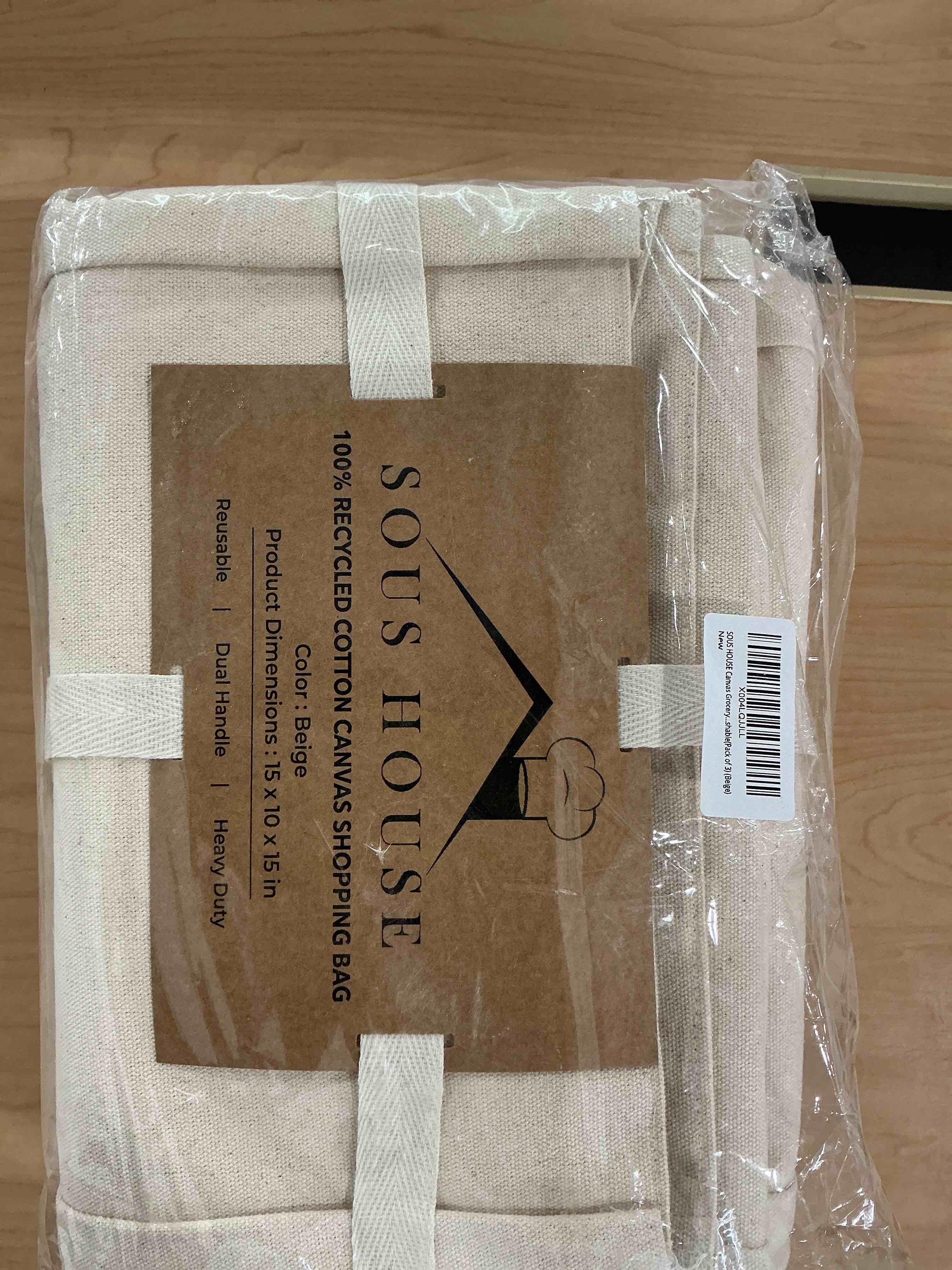 Condition photo showing New/Like New for premium canvas grocery bags with real pockets, frontal pocket, long shoulder strap and short handle, 3pc, xl beige
