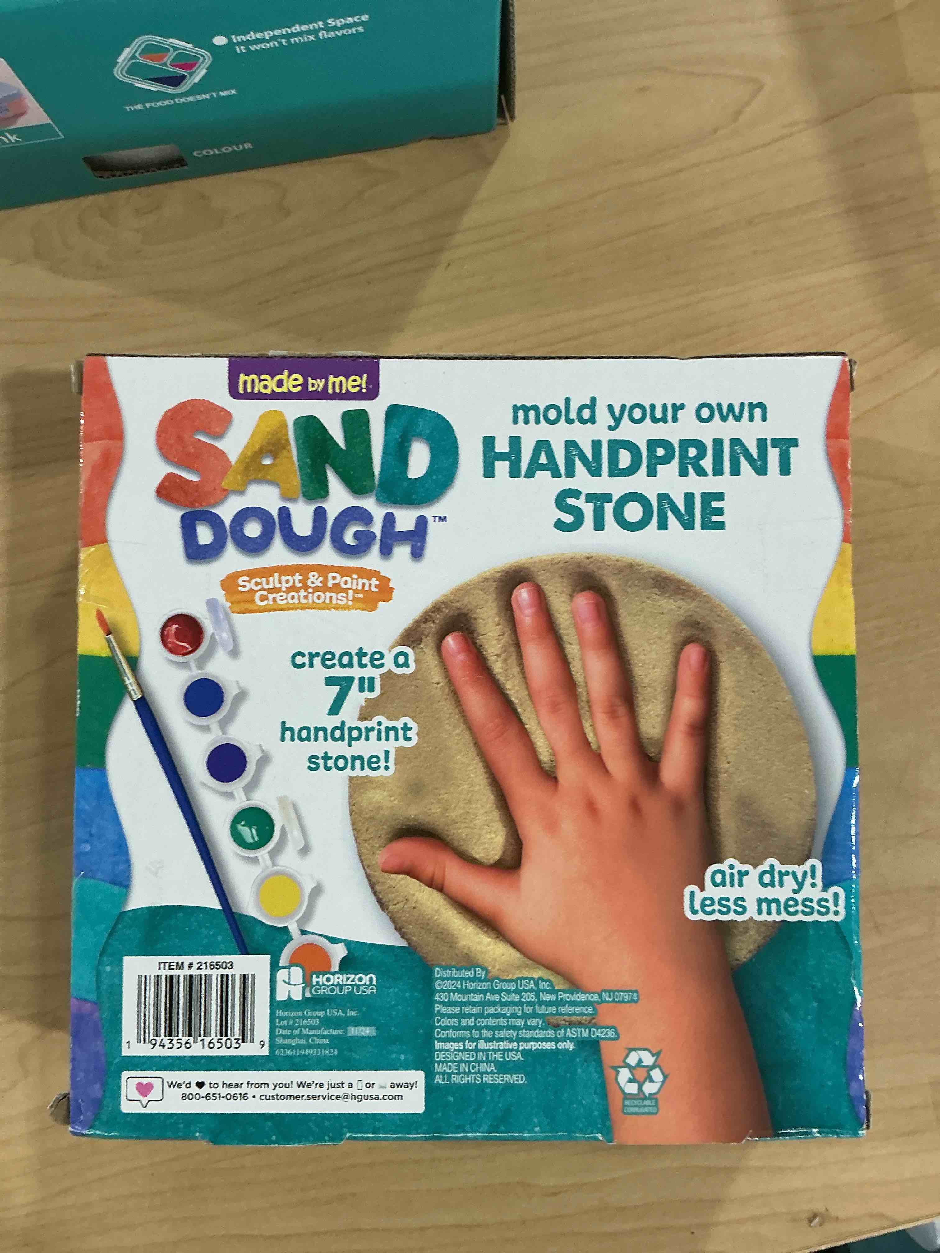 Condition photo showing New/Like New for made by me! sand dough sculpt & paint creations! mold your own hand print stone, diy 7-inch handprint stone kit, mess-free stepping stones, staycation activity, keepsake gift for kids ages 4+