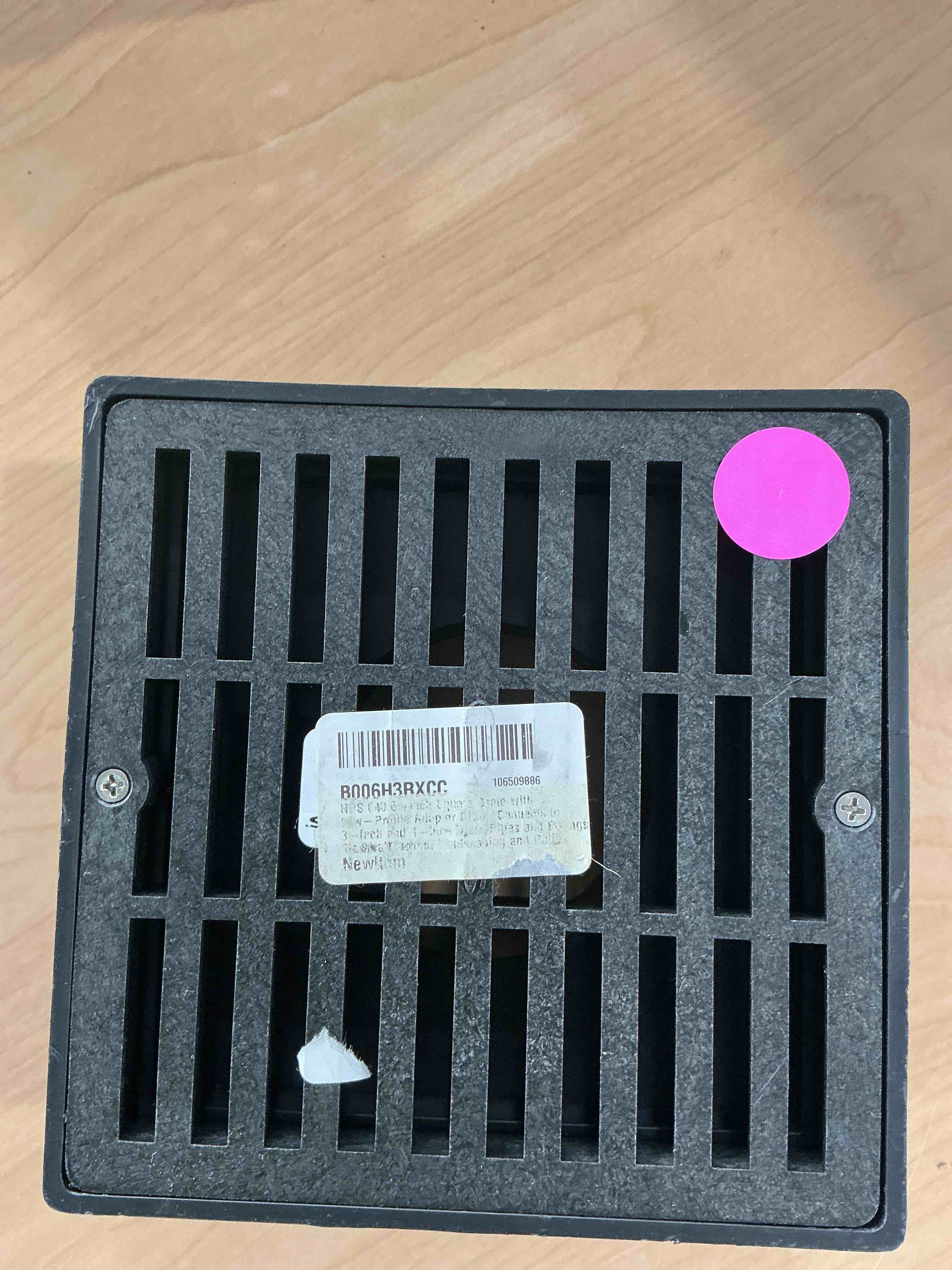 Condition photo showing Good Condition for nds 640 6-inch square grate with low-profile adapter drain, connects to 3-inch and 4-inch drain pipes and fittings, for small lawns, landscaping and patios, plastic, black