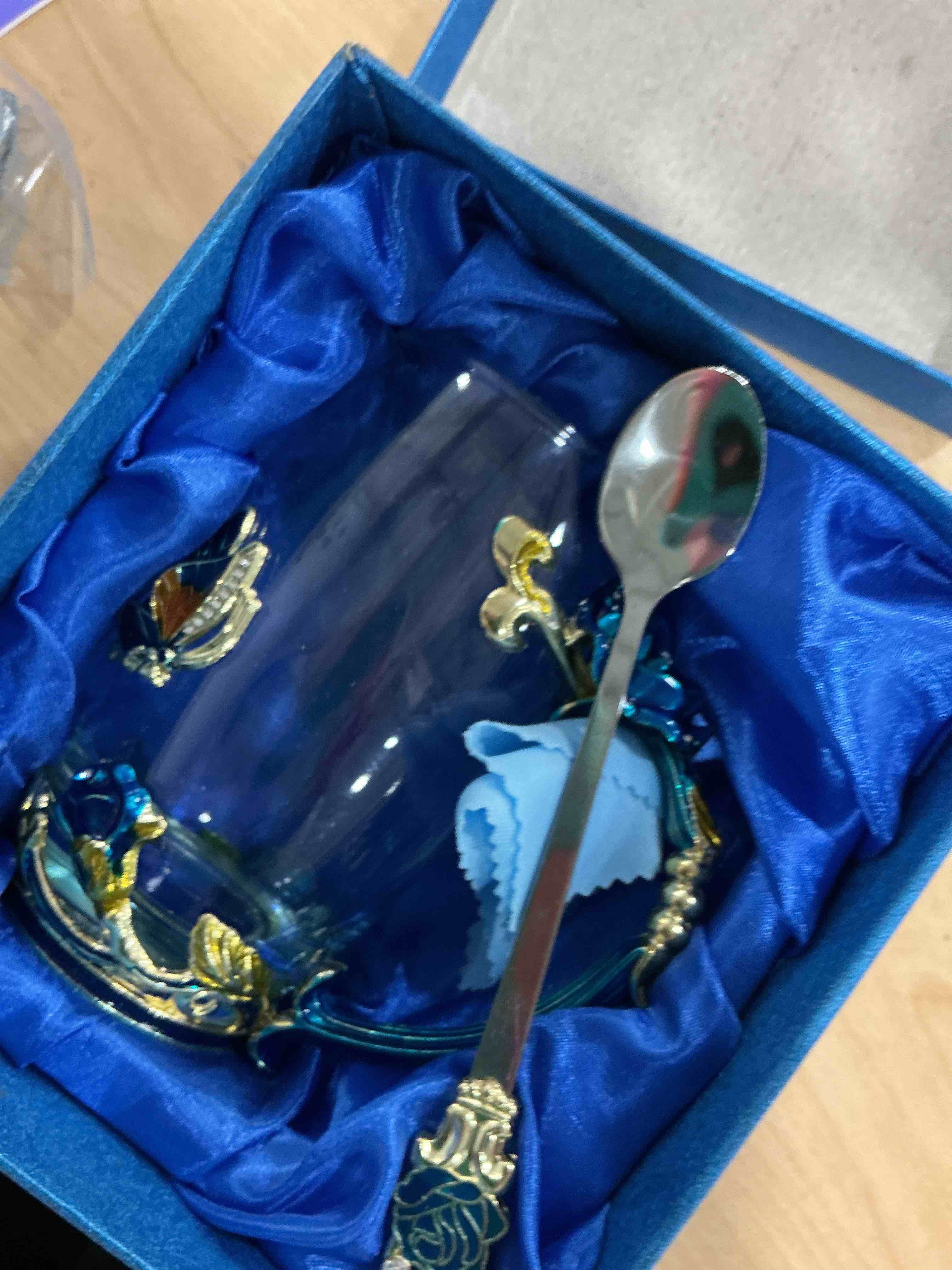 Condition photo showing Good Condition for 330ML Enamel Tea Cup Glass Coffee Mug Handmade Rose Flower Tea Mug for Father's Day,Mother's Day,Valentine’s Day, Birthday, Christmas Gift with Stainless Steel Spoon Set Blue-Tall