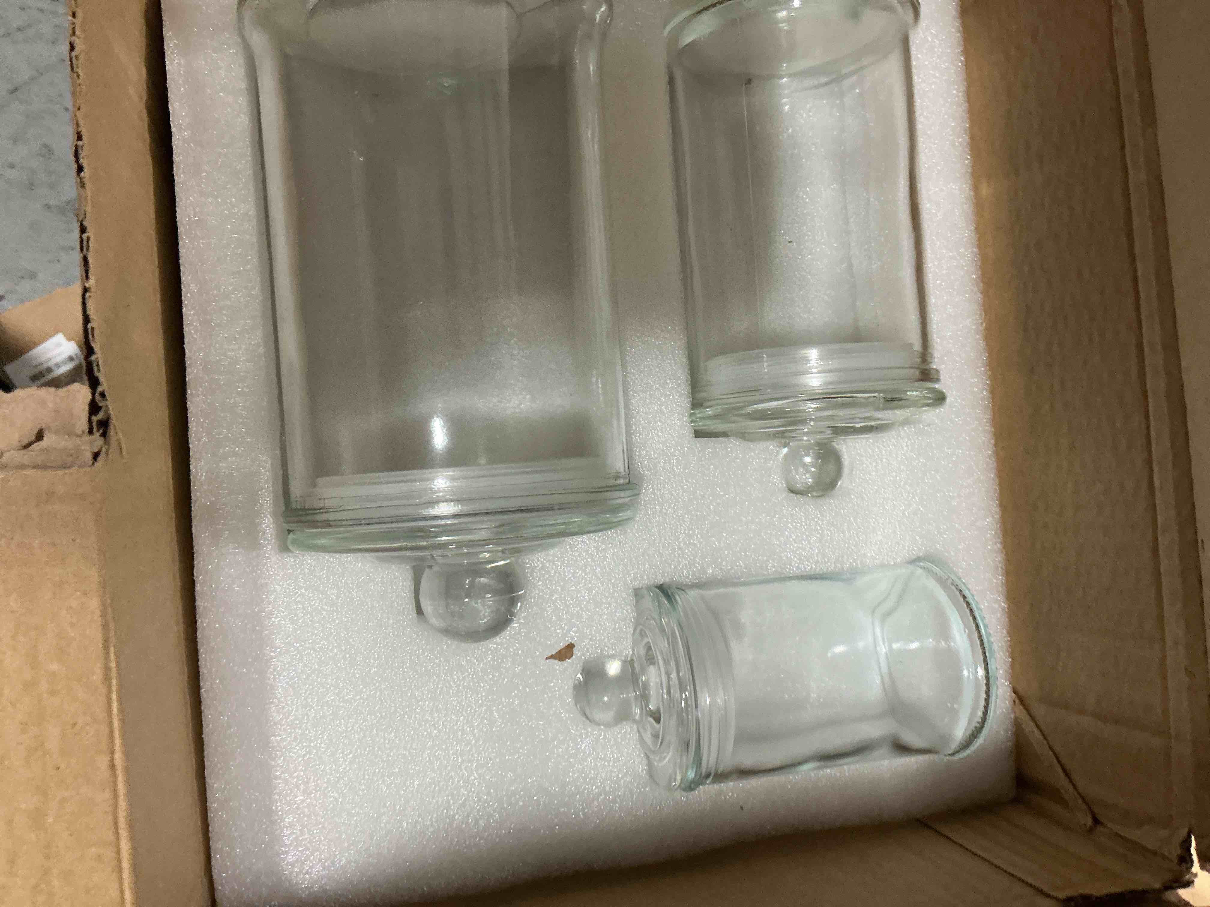 Condition photo showing Good Condition for suwimut set of 3 glass apothecary jars with lids, bathroom canisters storage container jars, decorative small glass apothecary jar for cotton swabs, cotton balls, makeup sponges, bath salts