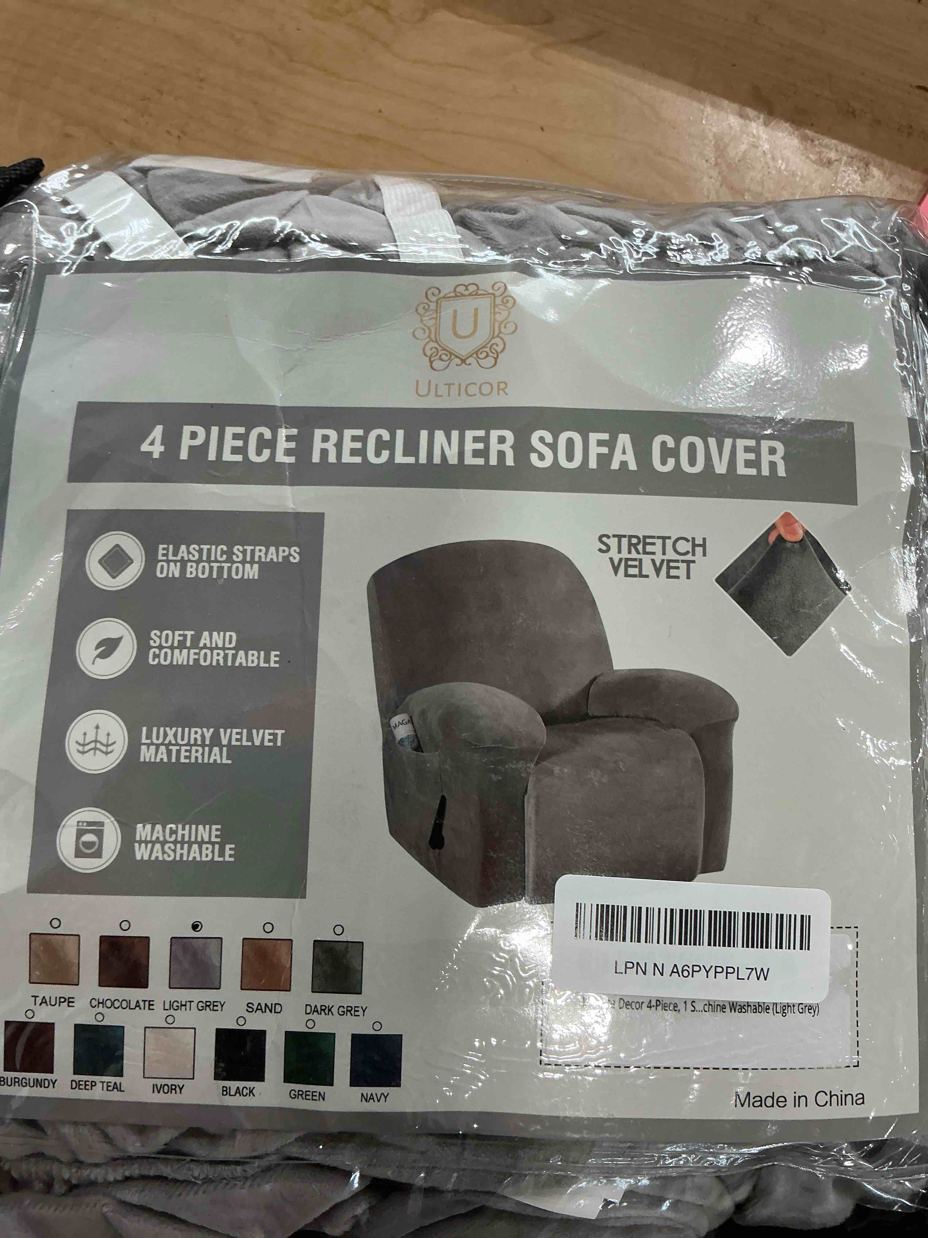 Condition photo showing Good Condition for ULTICOR 4-Piece, 1 Seat Recliner Cover, Velvet Stretch Reclining Chair Covers for 1 Cushion Reclining Sofa, Single Seat Recliner Couch Cover, Thick, Very Soft, Machine Washable (Light Grey)